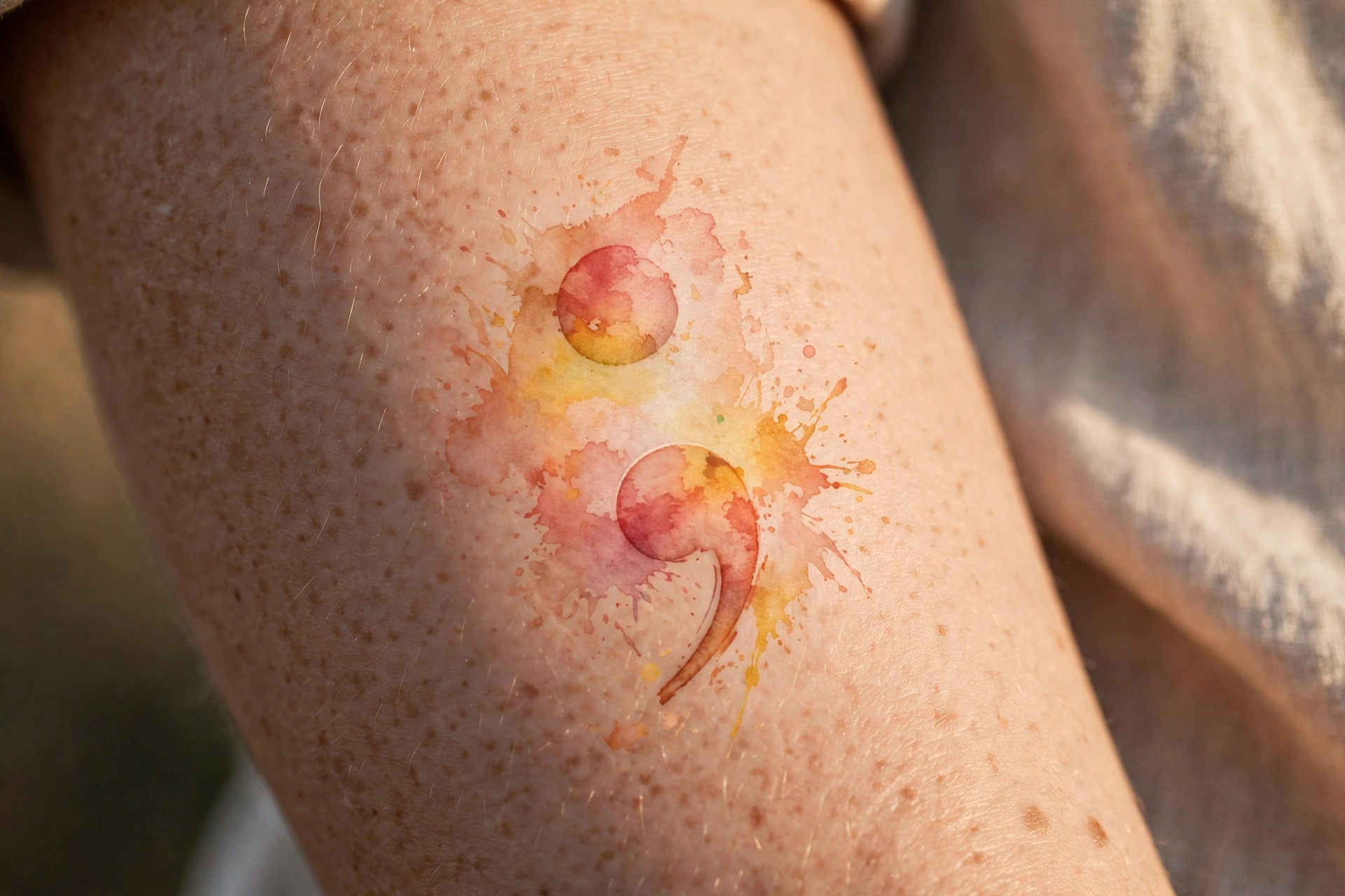 Delicate watercolor semicolon tattoo with soft sunrise colors on a forearm