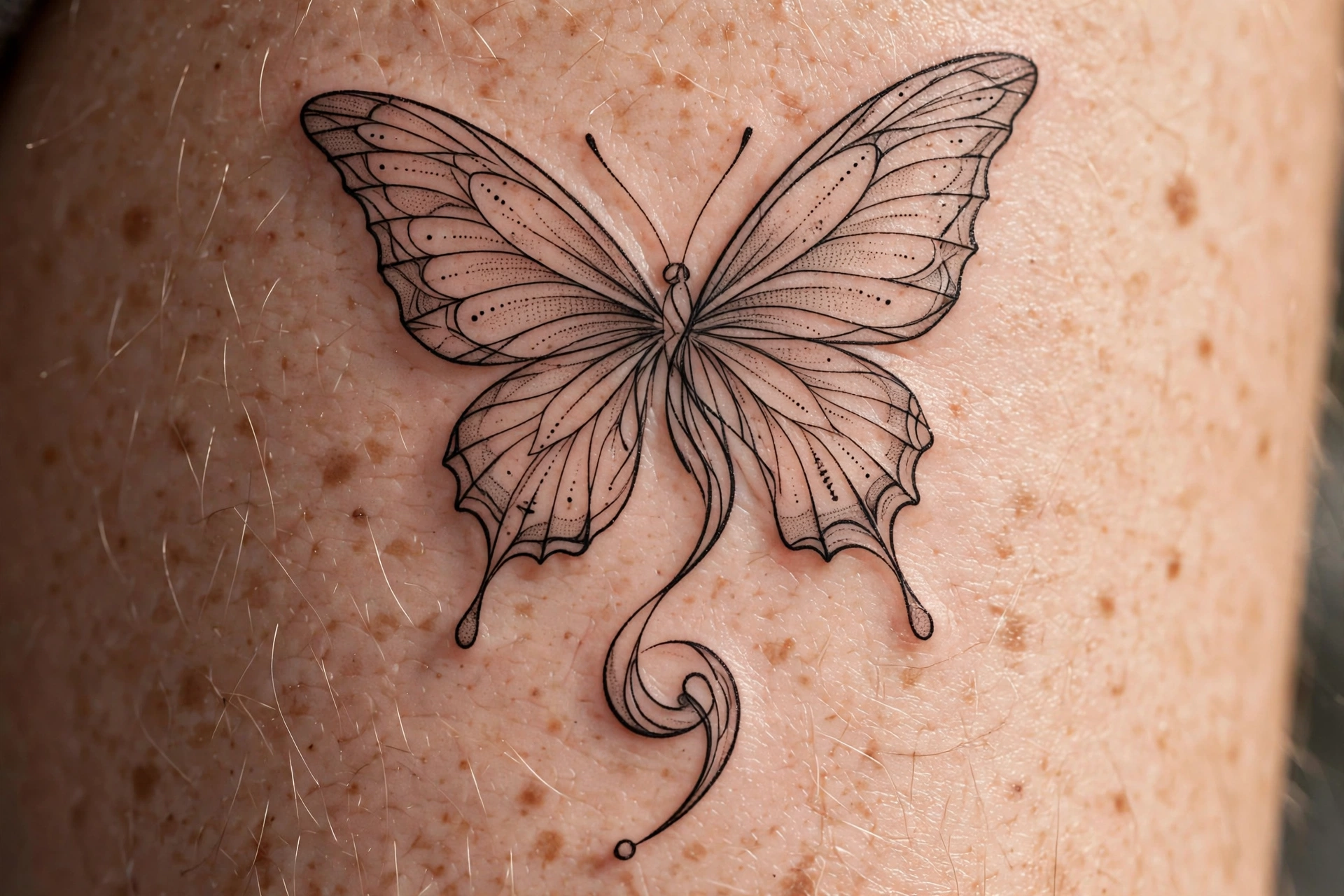 Semicolon tattoo morphing into a butterfly, fine-line tattoo art