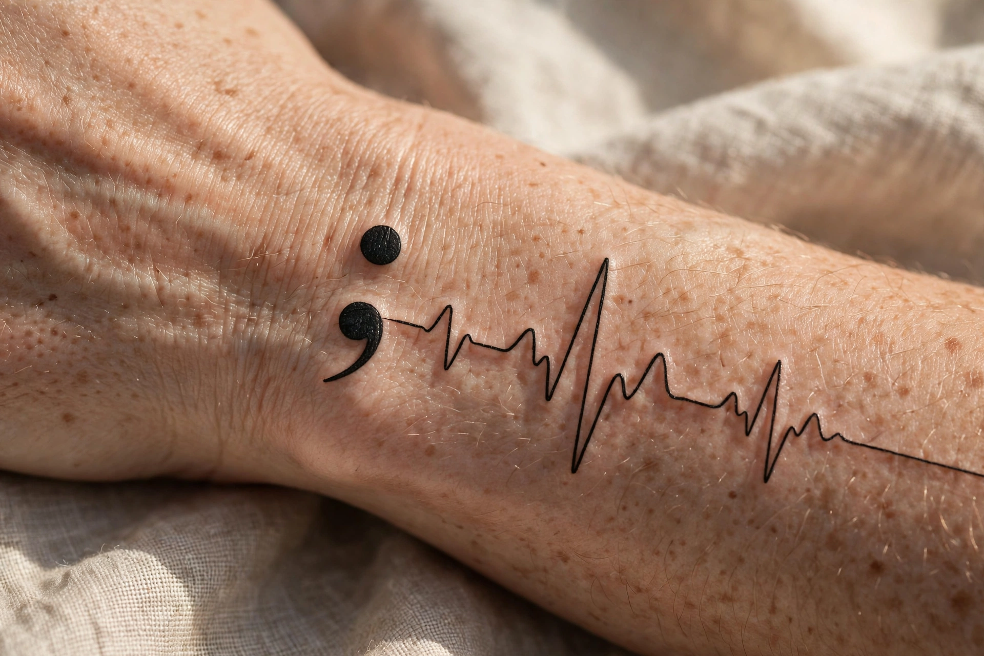Semicolon tattoo combined with a heartbeat line design on a wrist