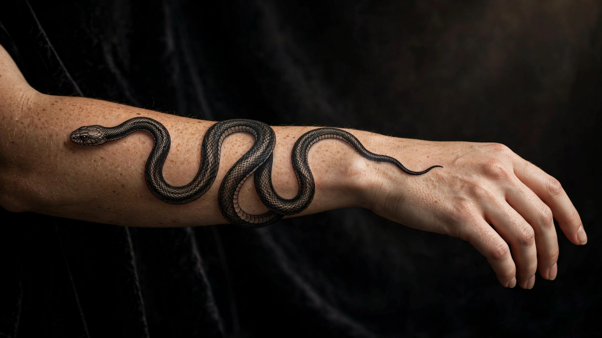 Realistic black snake tattoo coiling on a forearm — studio portrait
