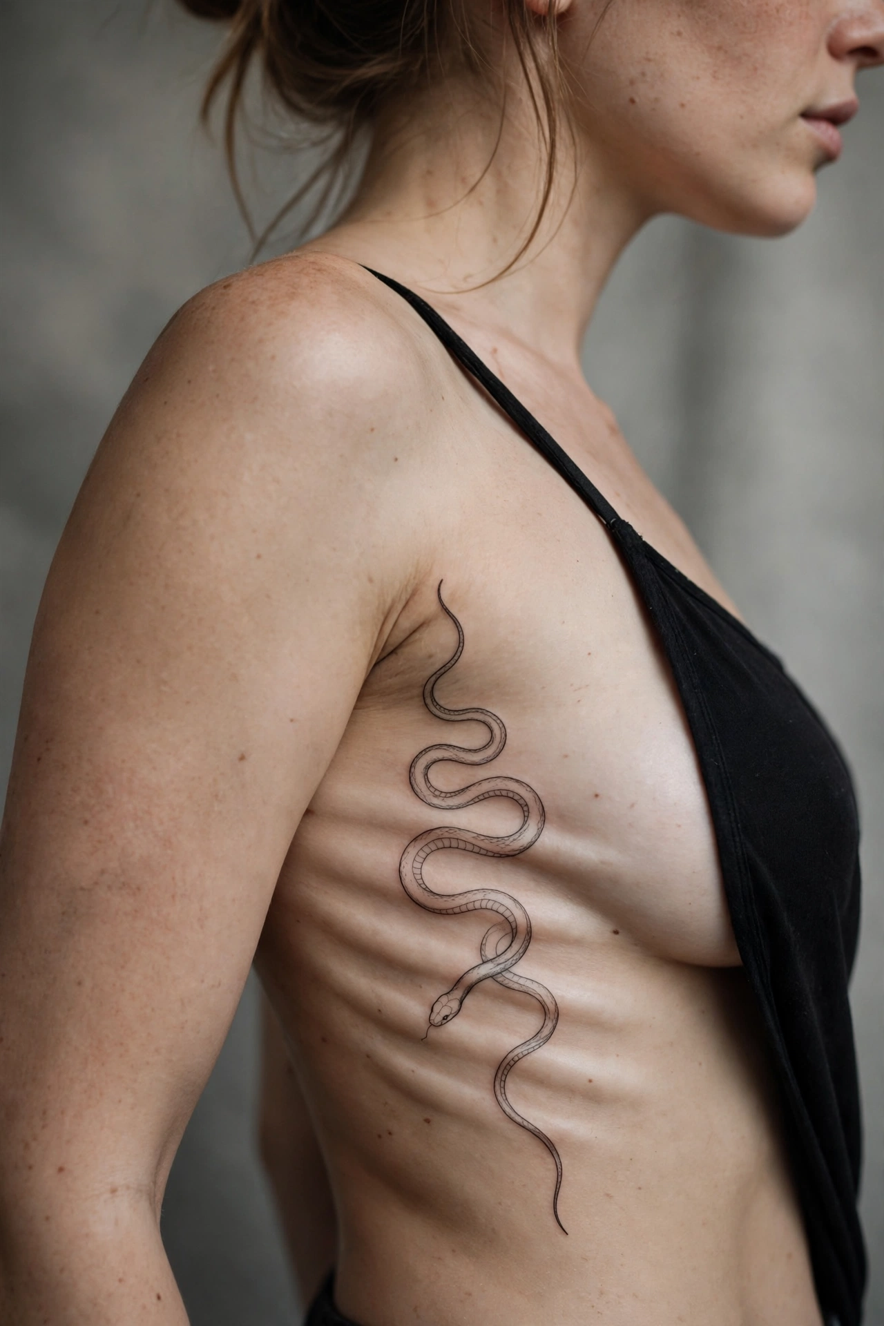 Fine-line snake tattoo on the ribcage side, delicate single-needle style