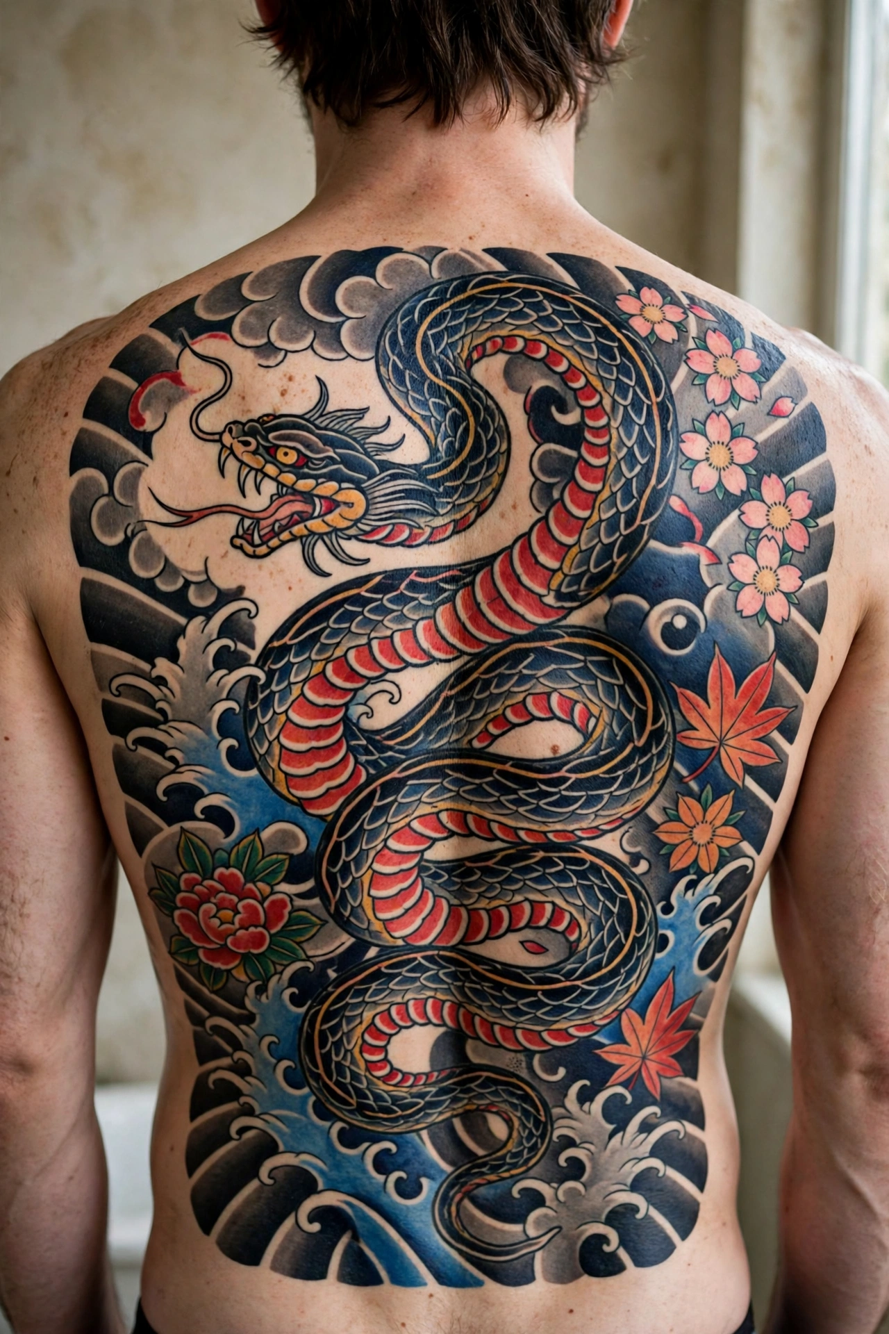 Japanese irezumi snake back piece with traditional bold linework