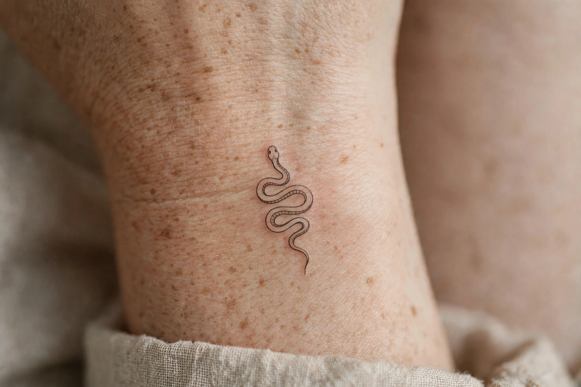 Minimal single-needle snake tattoo on a wrist