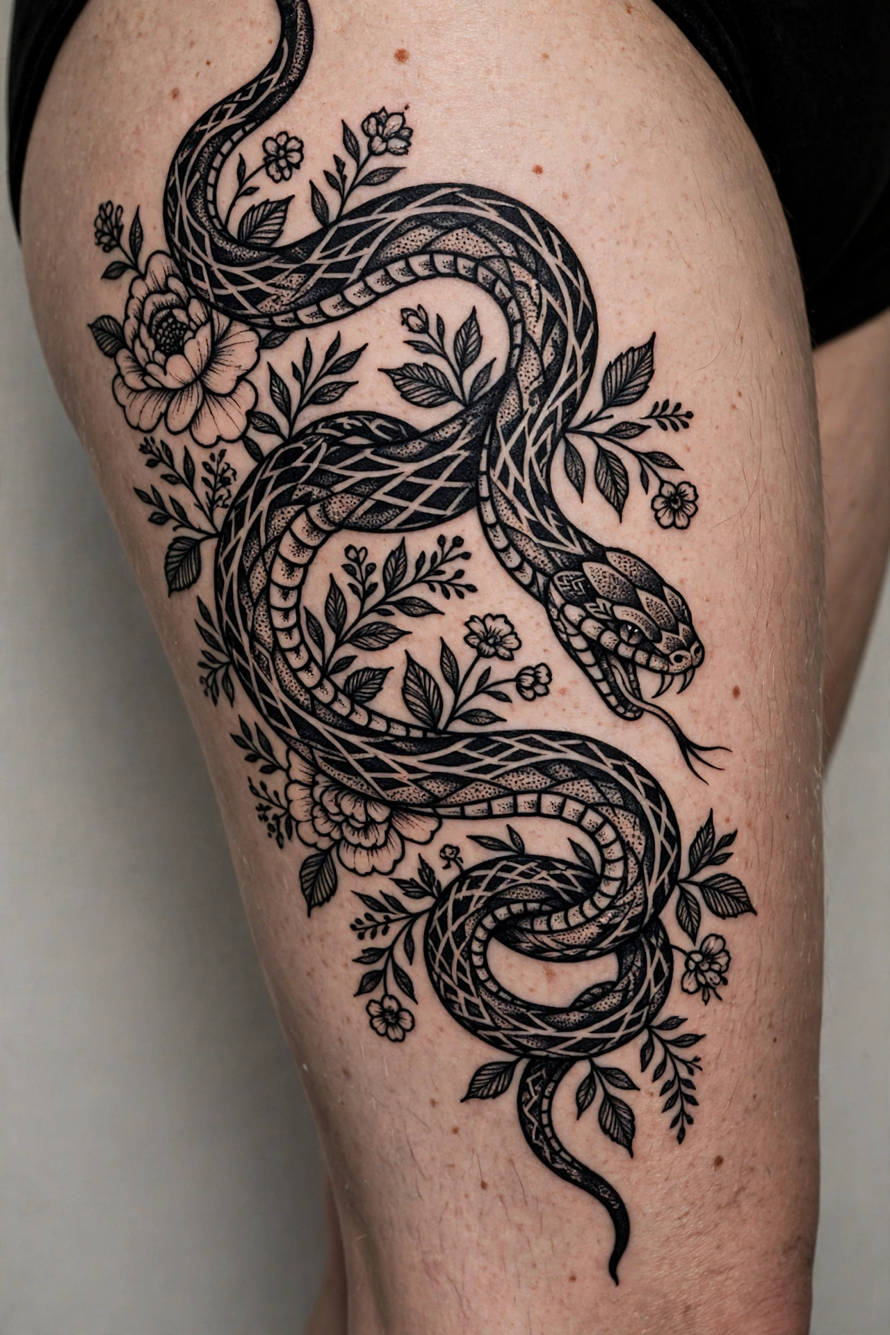 Blackwork snake tattoo wrapped in flowers on a thigh