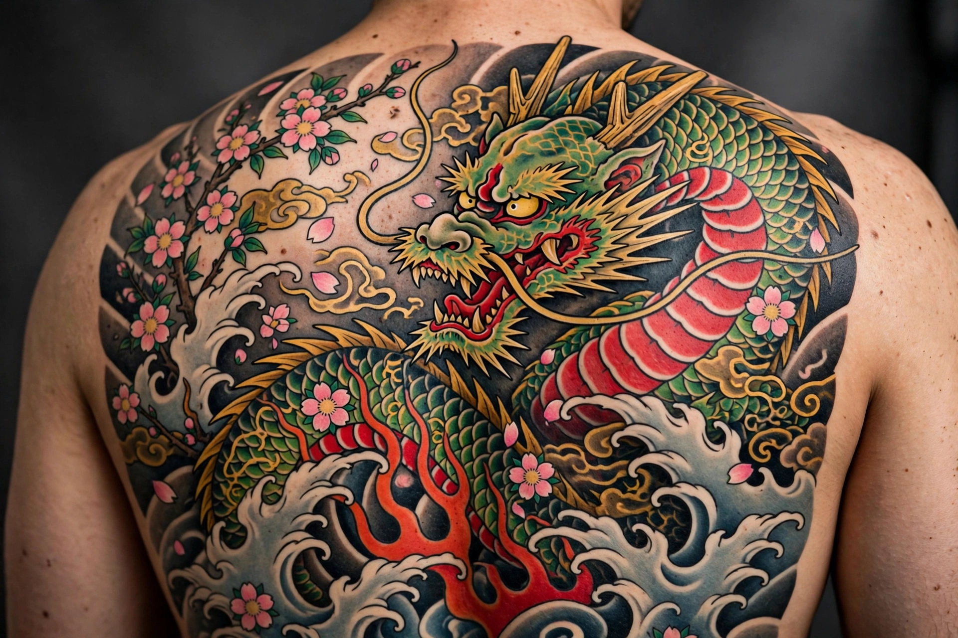 Yakuza-style dragon back piece tattoo in traditional Japanese irezumi style