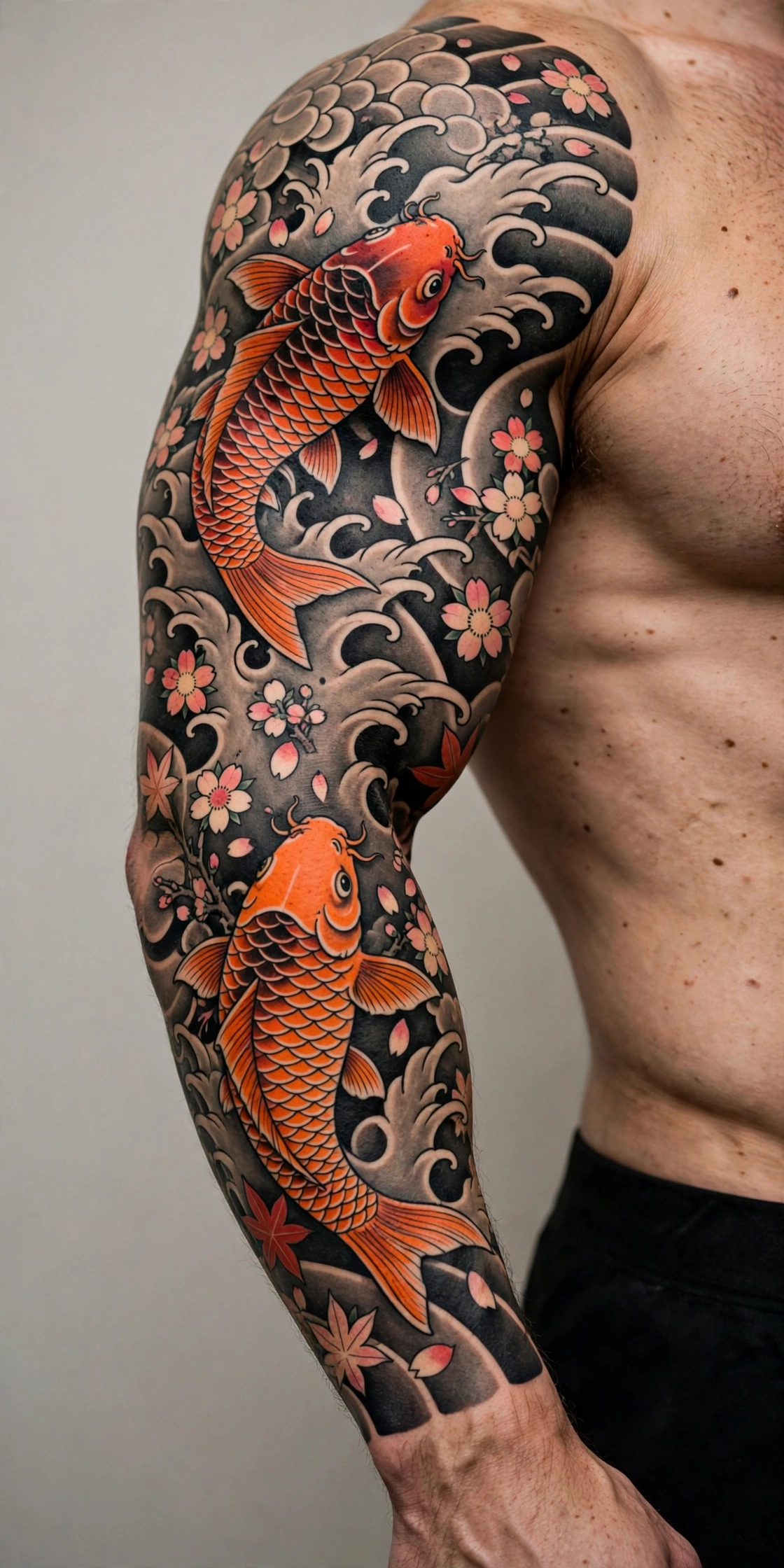 Koi fish Japanese sleeve tattoo in bold irezumi style