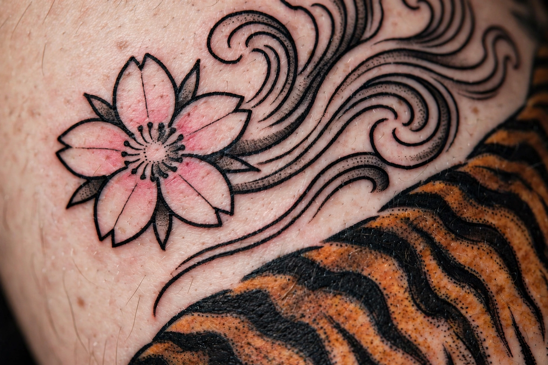 Cherry blossom irezumi tattoo detail in traditional Japanese style