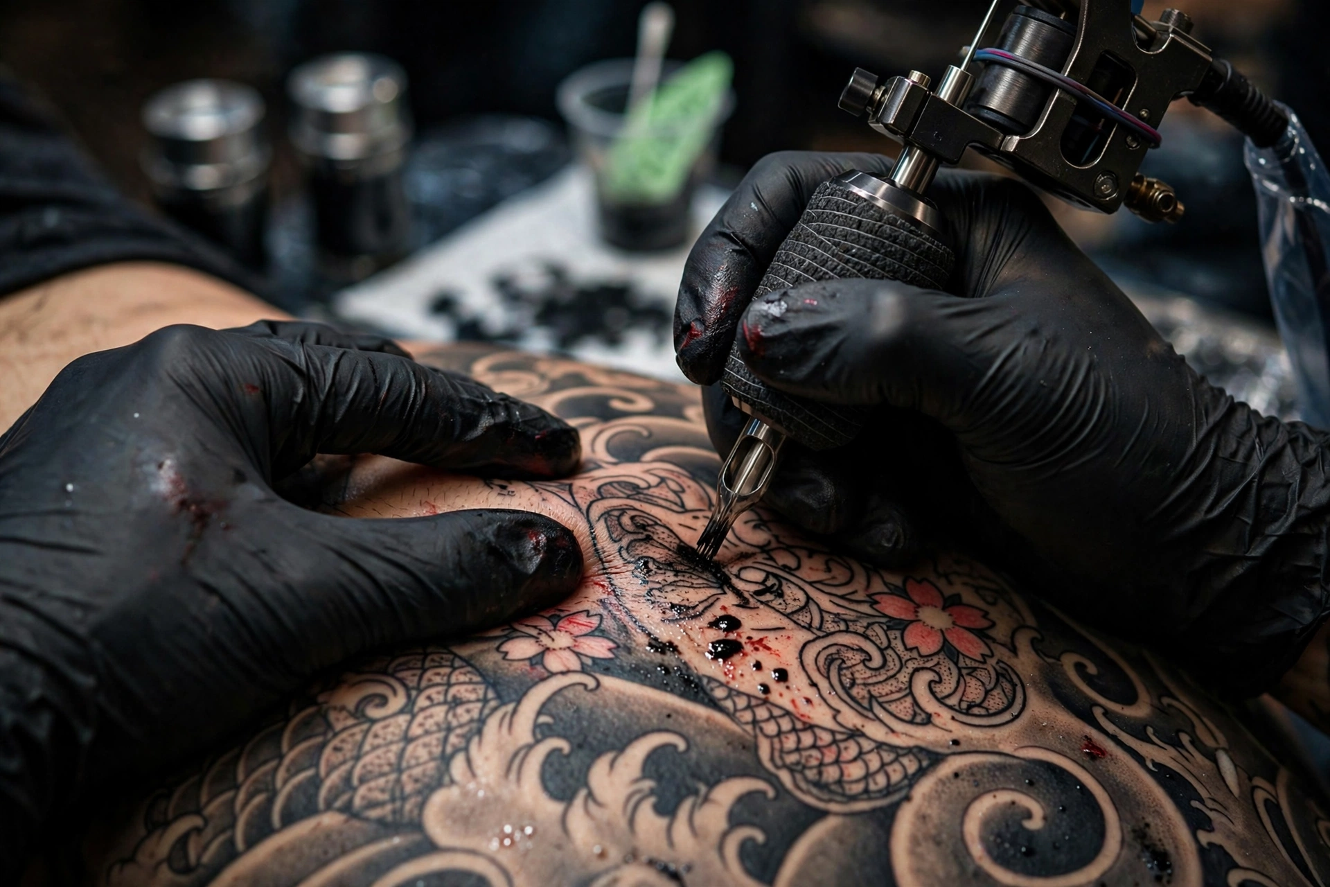 Tattoo artist working on a Japanese irezumi bodysuit in a professional studio