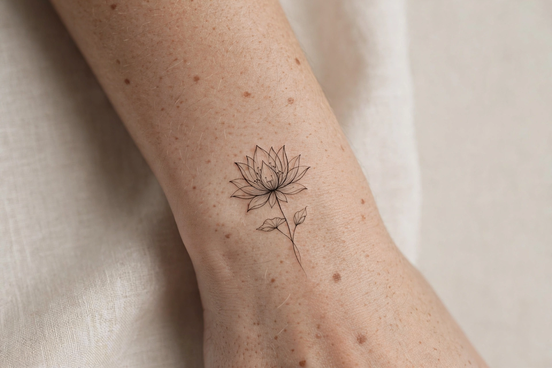Fine-line lotus tattoo on a woman's wrist in soft studio light