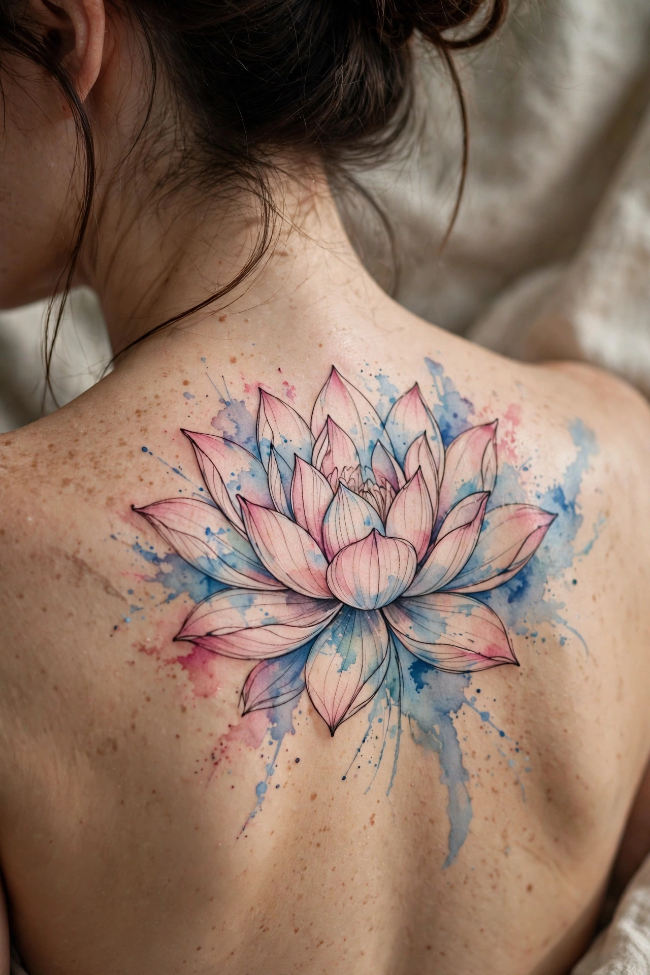 Watercolor lotus tattoo on upper back with soft pink and blue washes
