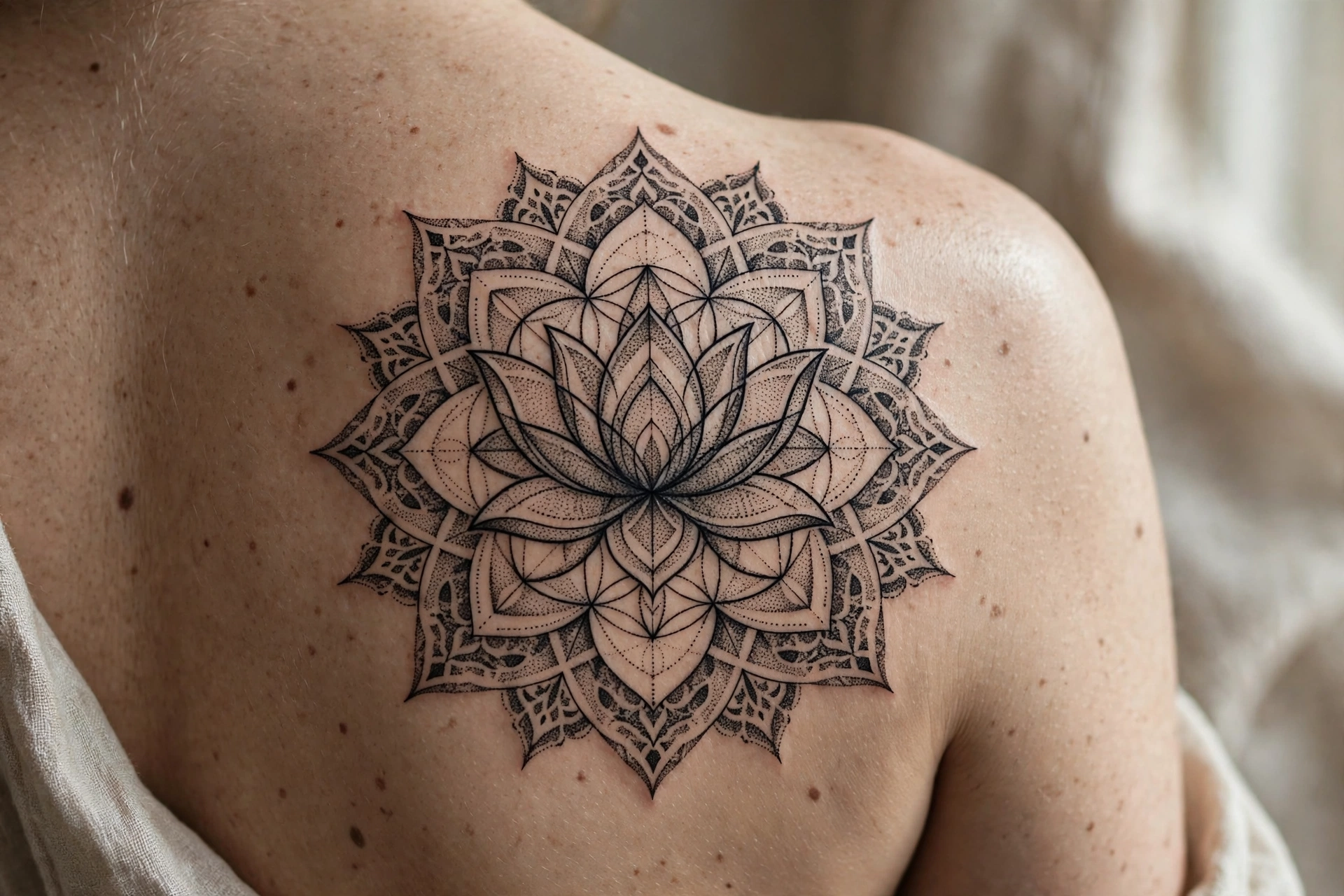 Geometric lotus mandala tattoo design with intricate dotwork pattern