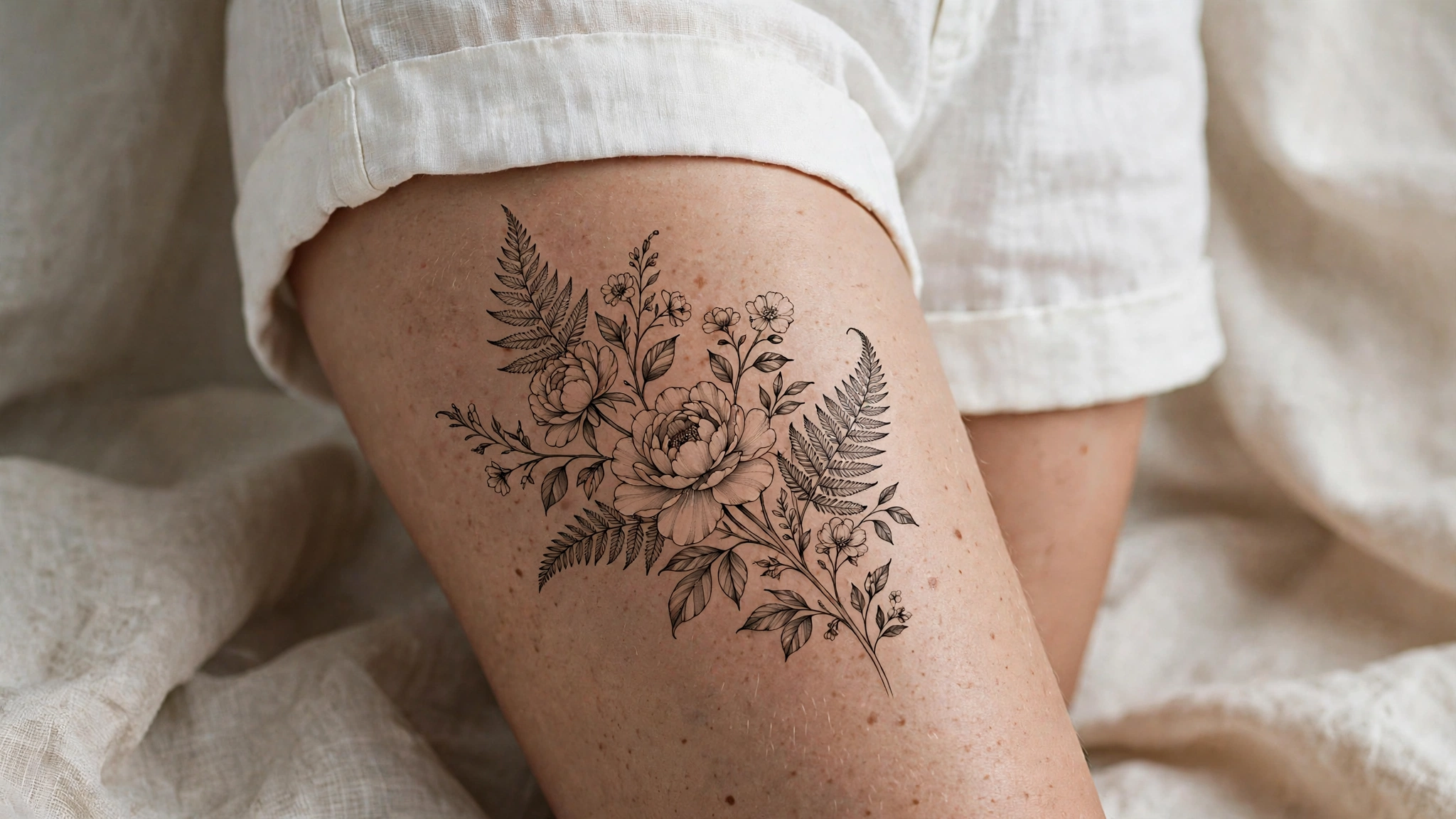 Beautiful floral thigh tattoo on a woman, editorial magazine style