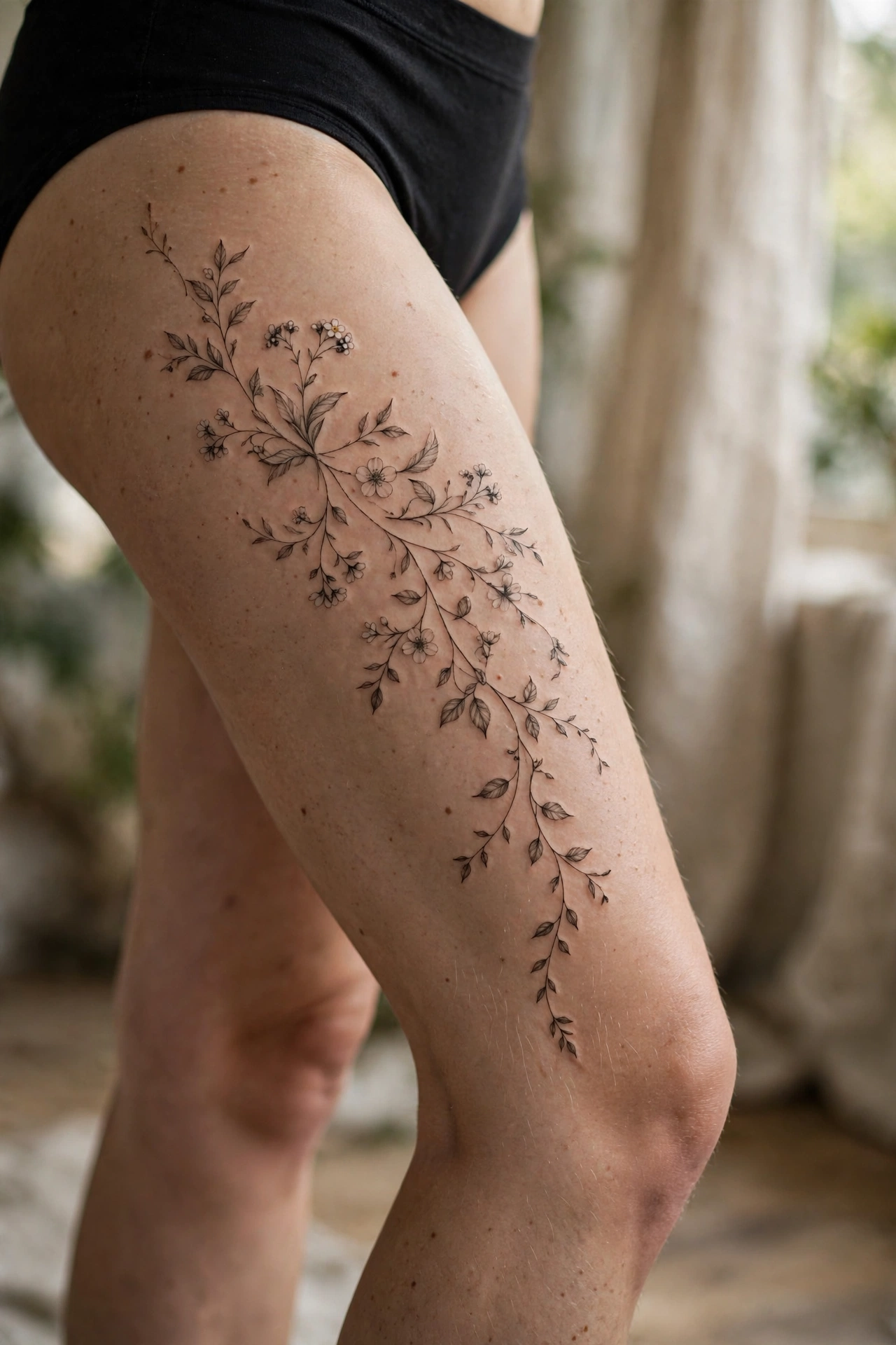 Delicate floral thigh tattoo with trailing vines on a woman's leg