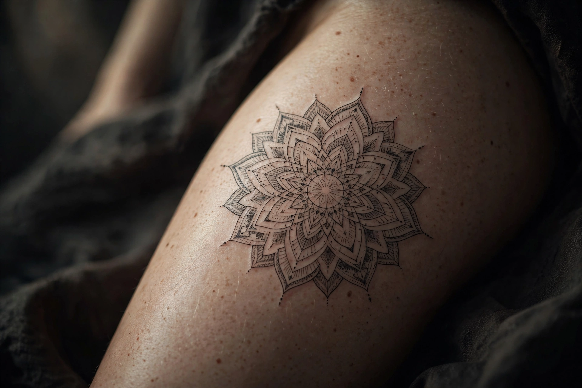 Fine-line mandala thigh tattoo with geometric patterns
