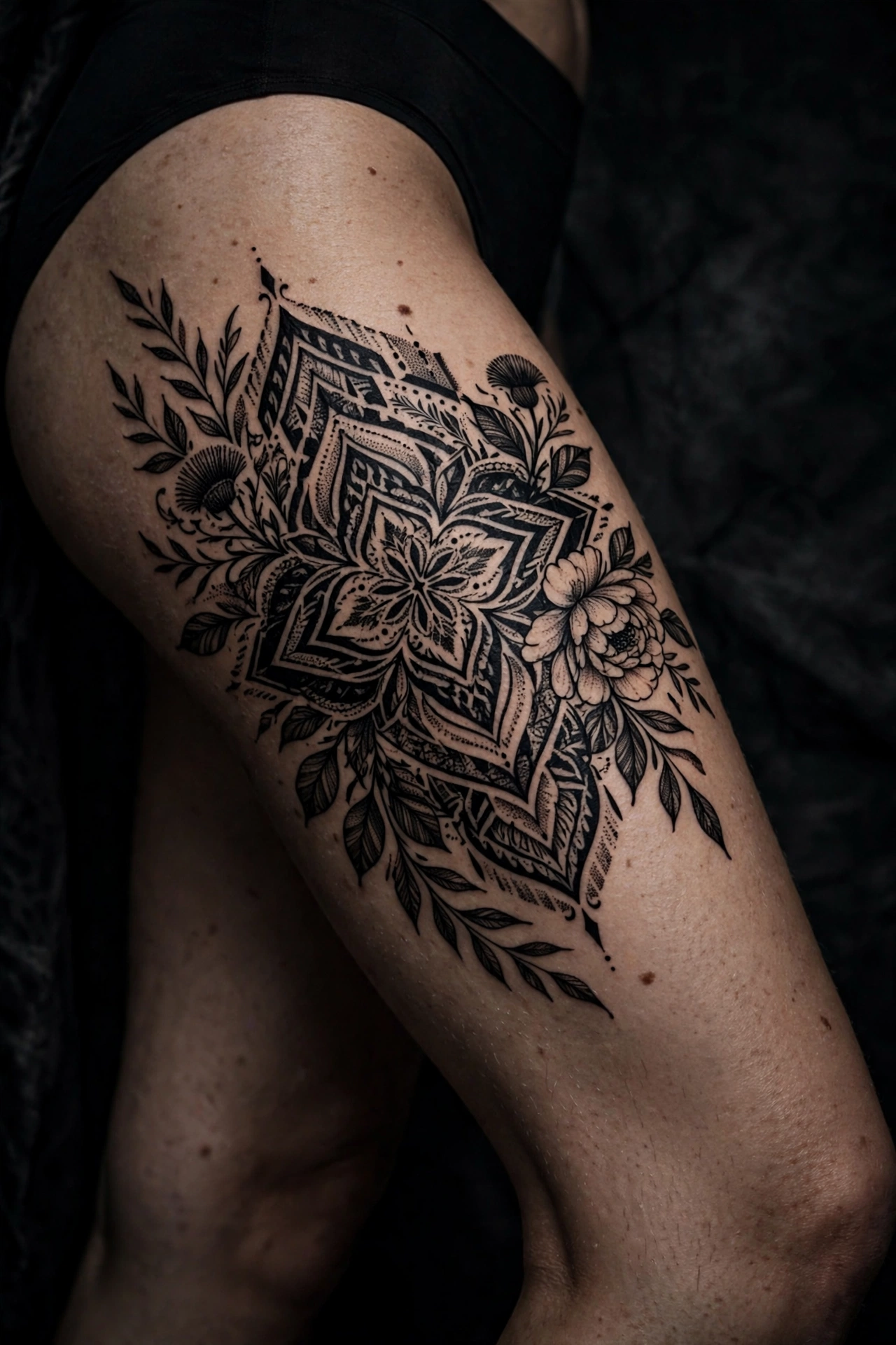 Bold blackwork thigh tattoo design on a woman's leg
