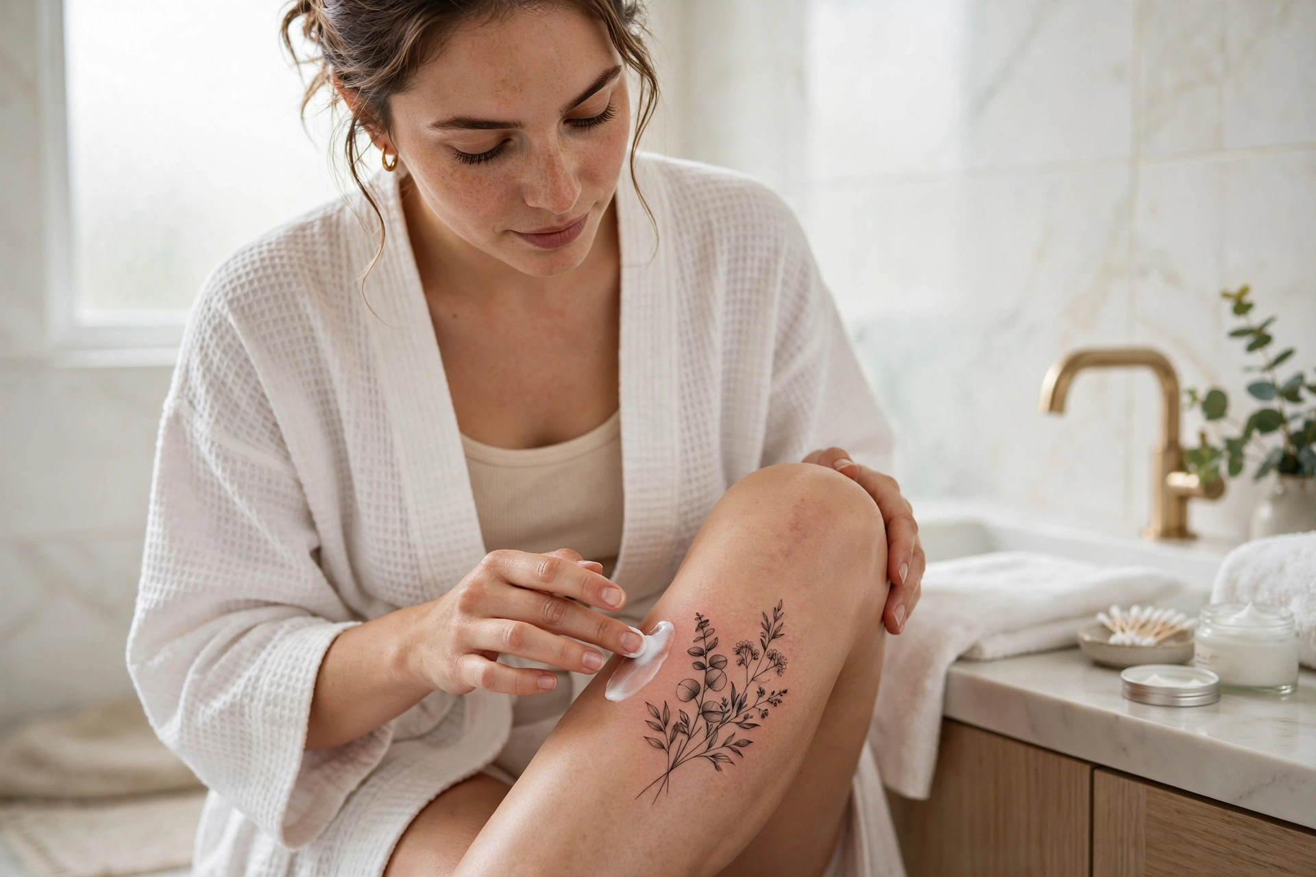Woman applying moisturizer to a healing thigh tattoo