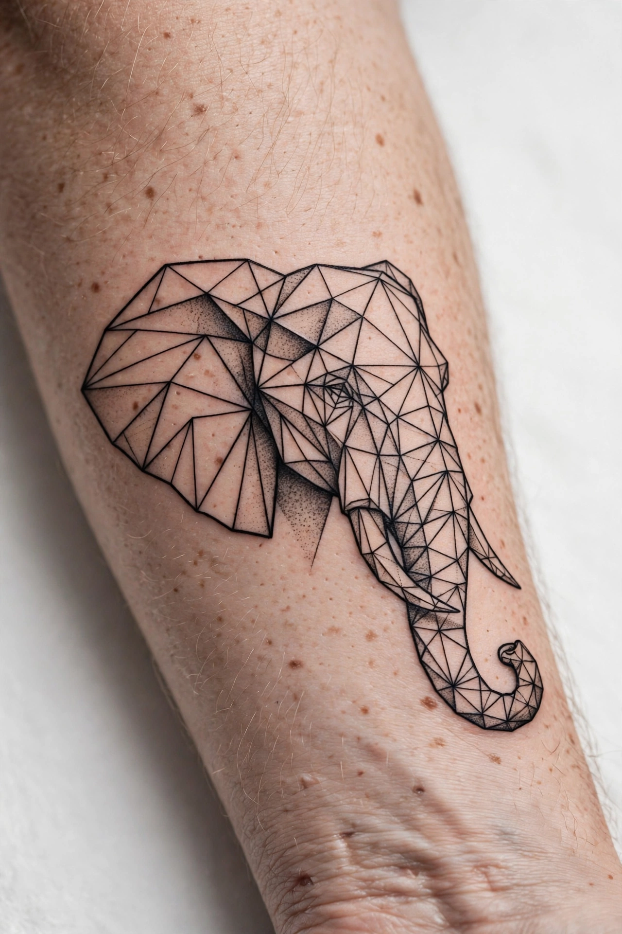 Geometric elephant line-art tattoo close-up on a forearm