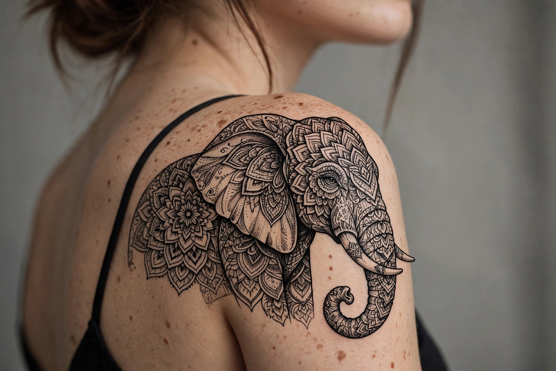 Mandala elephant shoulder tattoo in black ink