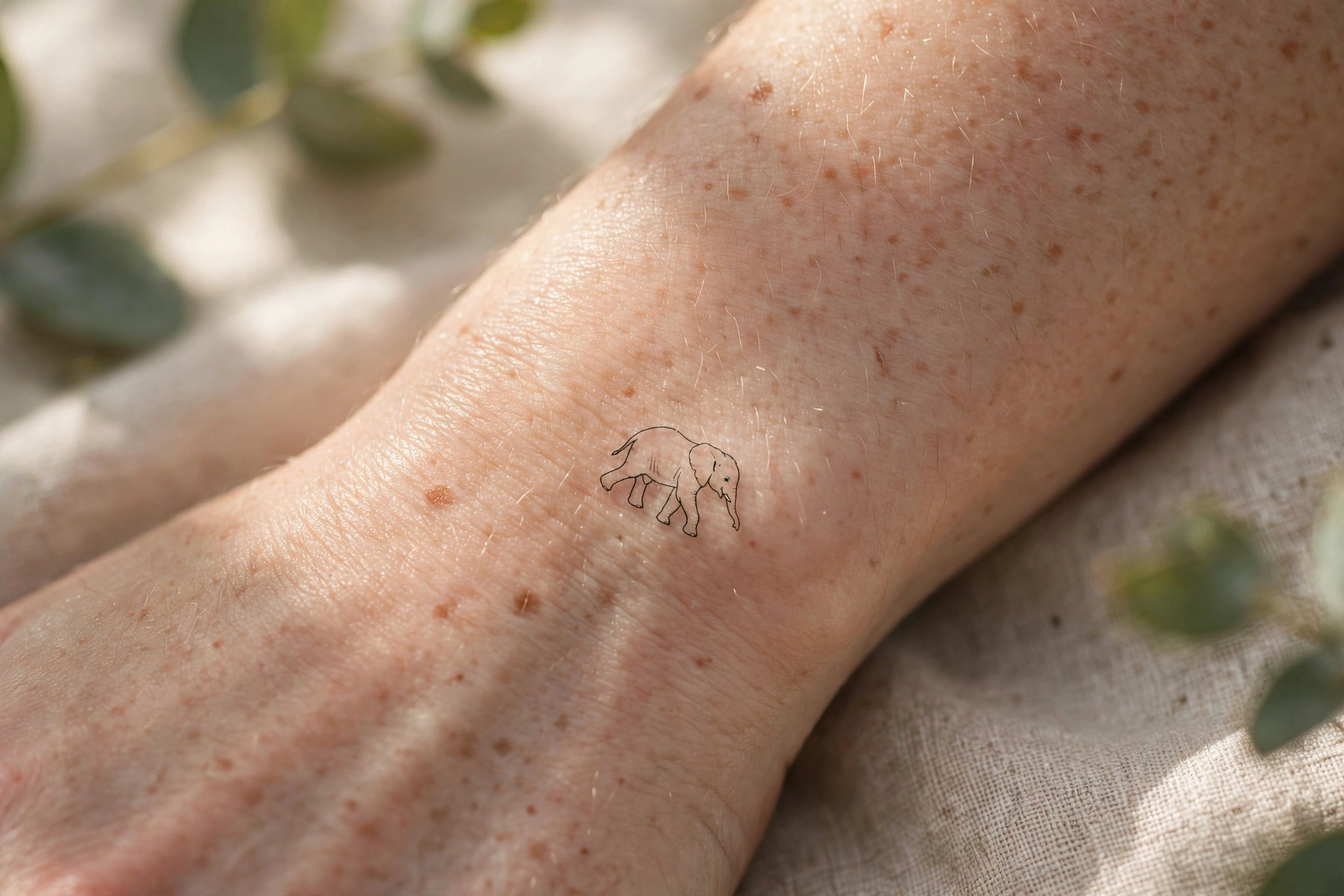 Tiny minimal baby elephant wrist tattoo fine line
