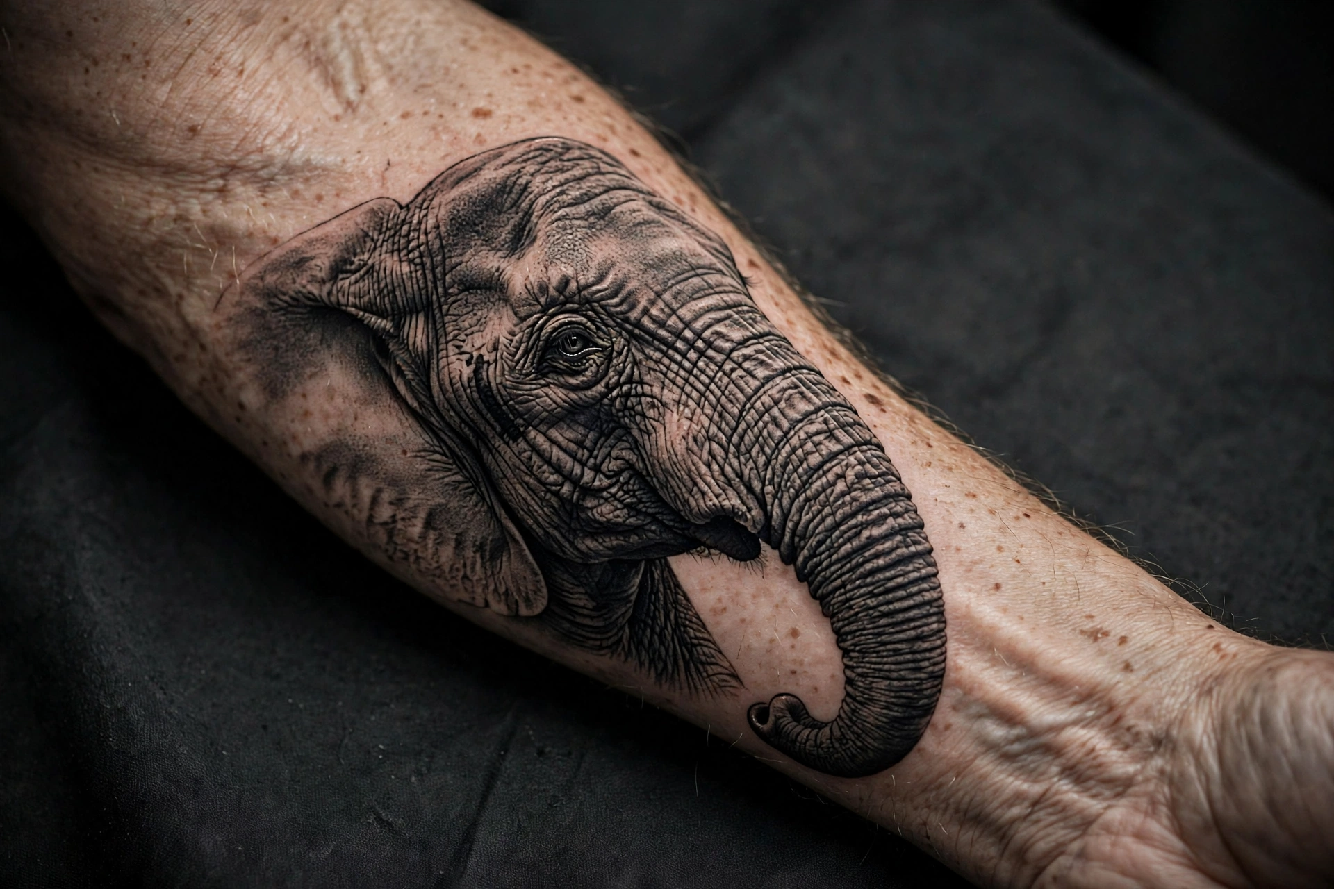 Realistic elephant forearm tattoo black and grey