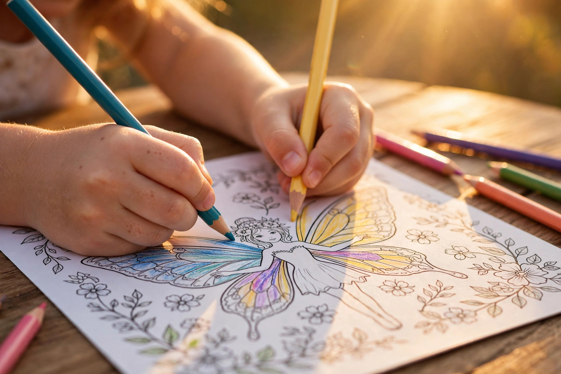 Little girl coloring a princess coloring page at a sunny table