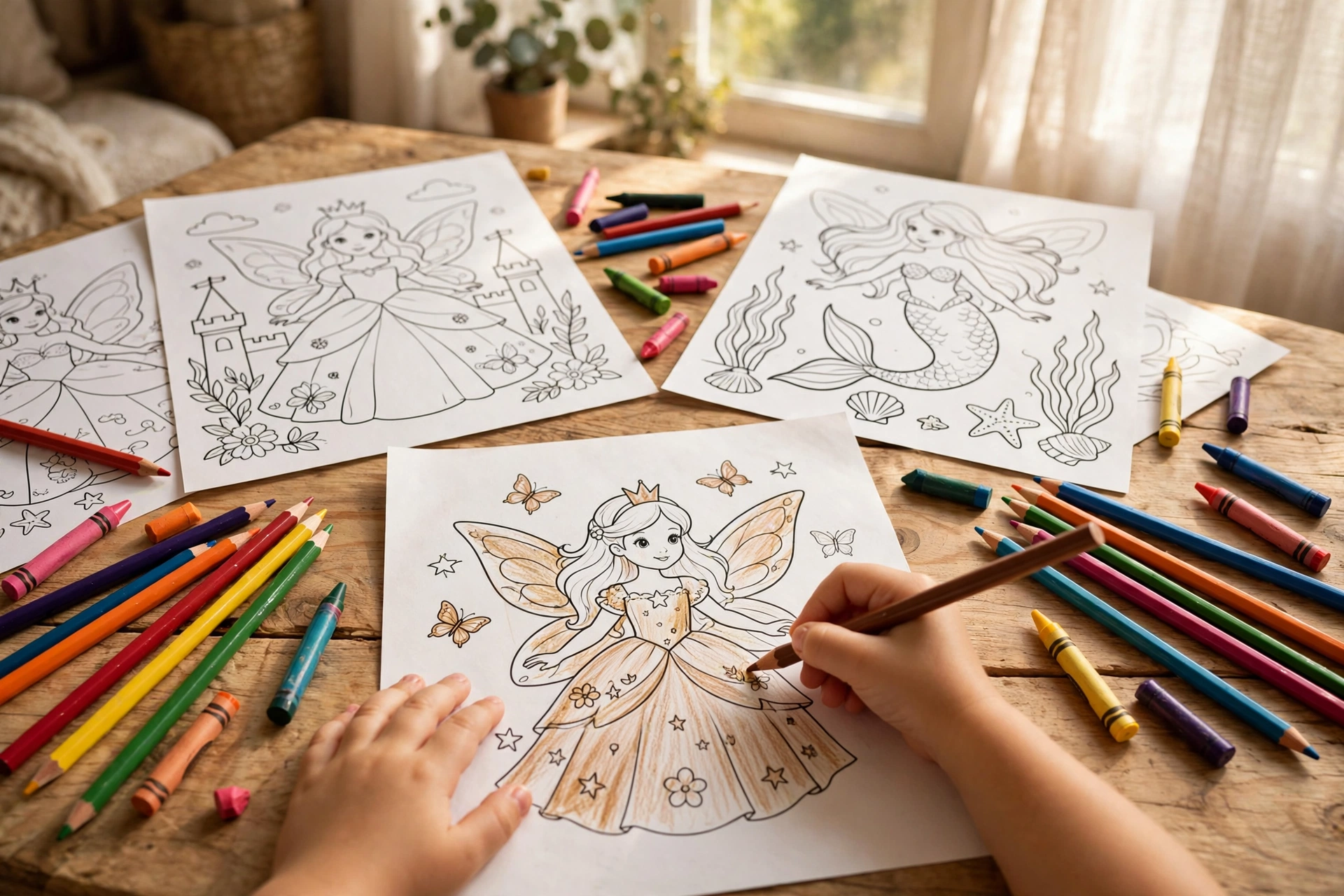 Finished colorful mermaid coloring page flat-lay with crayons