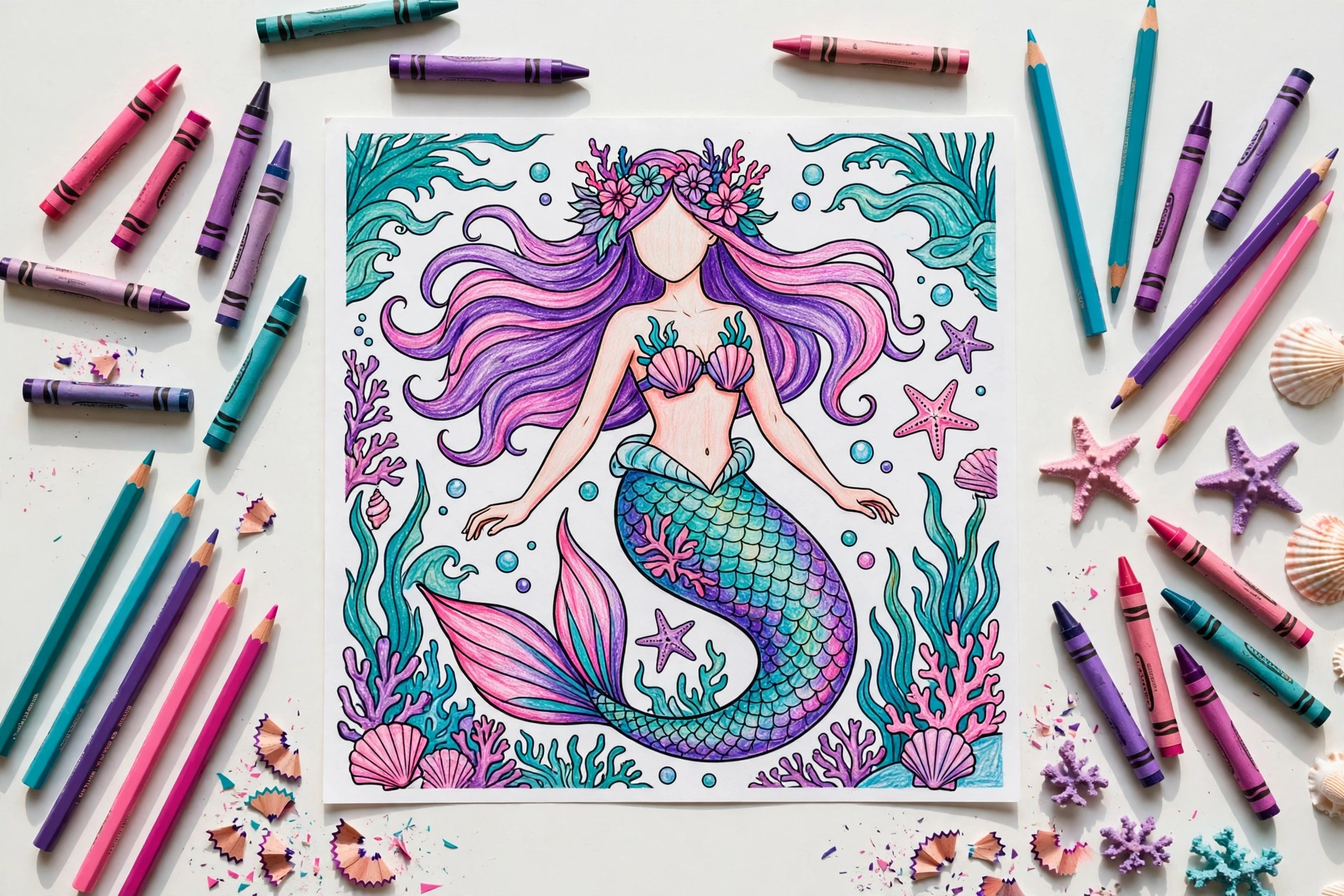 Child's hands coloring a fairy page with colored pencils