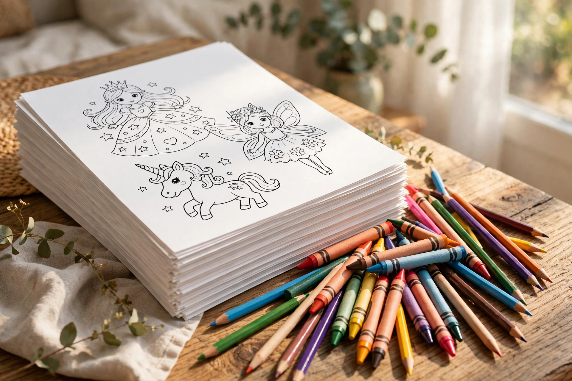 Stack of printed coloring pages with crayons and colored pencils