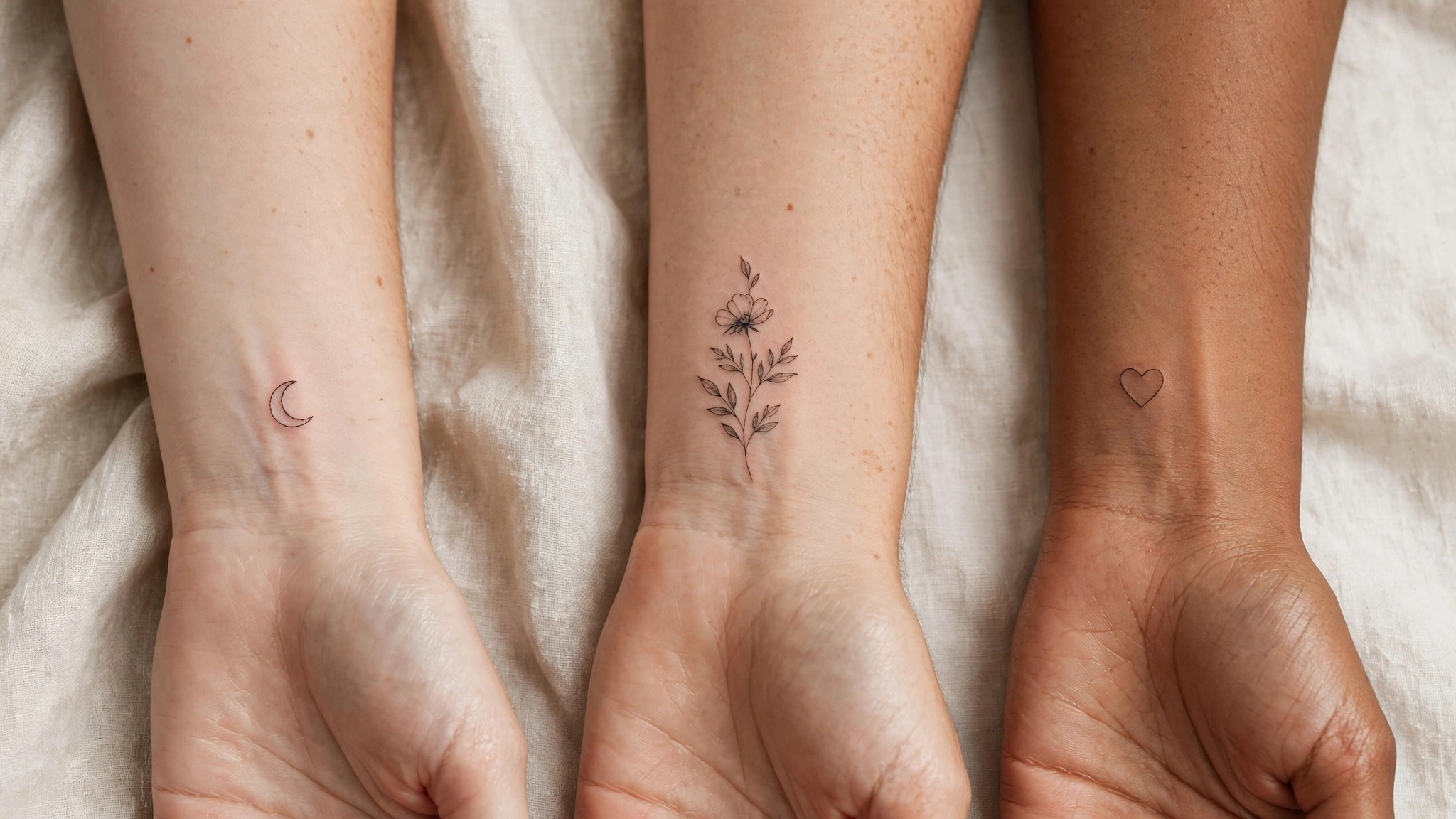 Editorial collage of small tattoo ideas including a tiny crescent moon, fine-line flower and minimalist heart inked on wrists