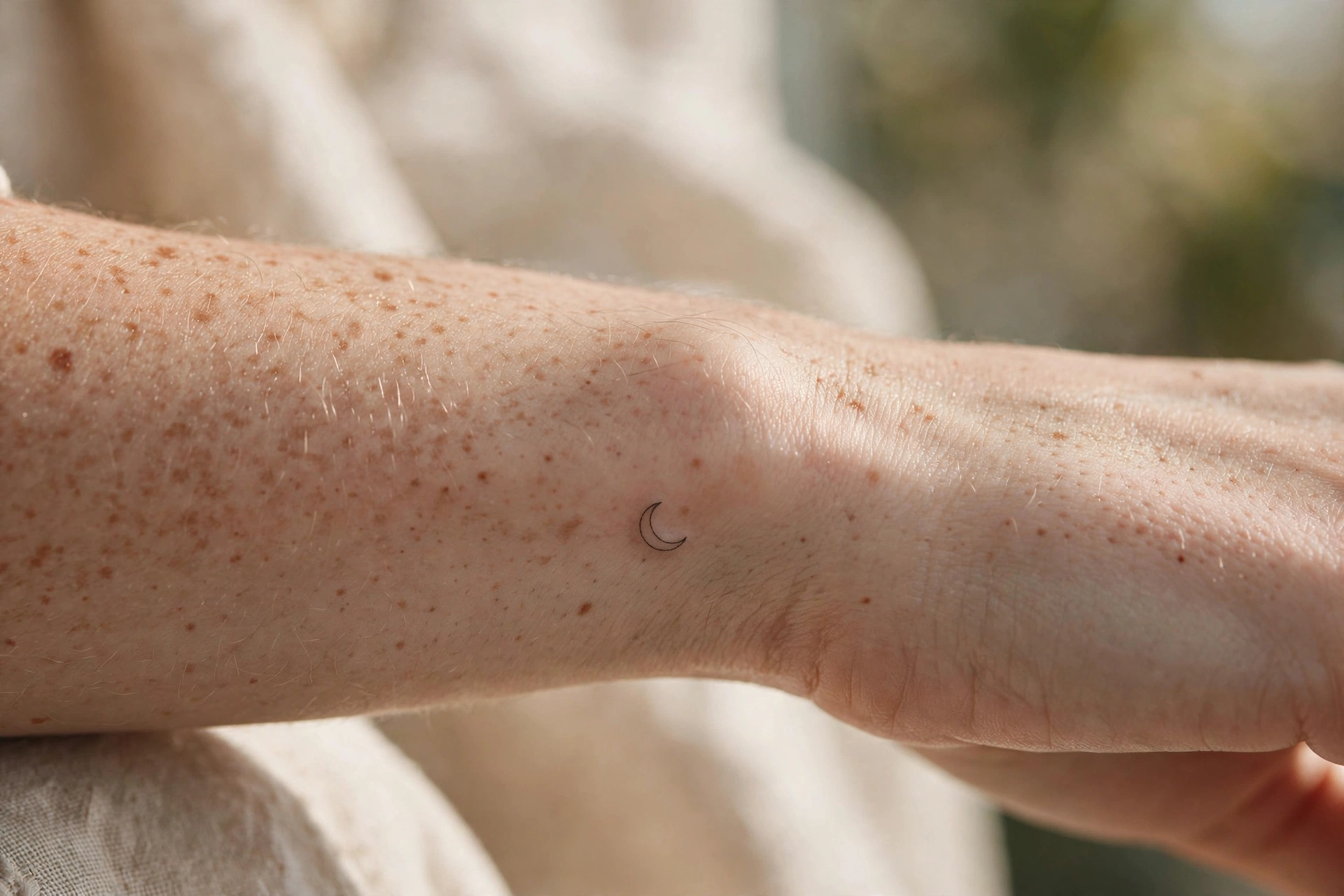 Close-up of a delicate minimalist small tattoo of a tiny crescent moon on a wrist