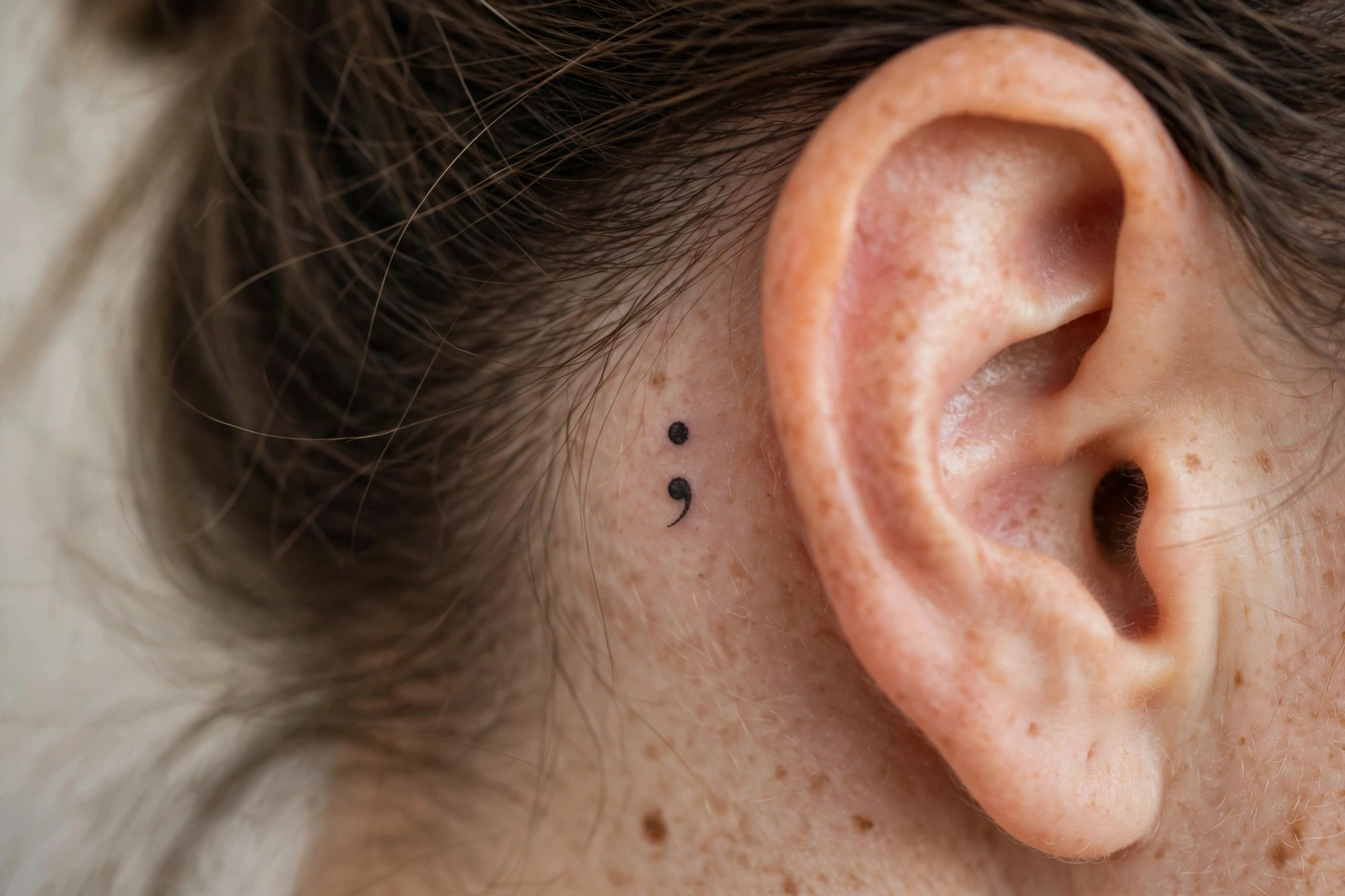 Small meaningful semicolon tattoo behind an ear, symbolizing hope and survival