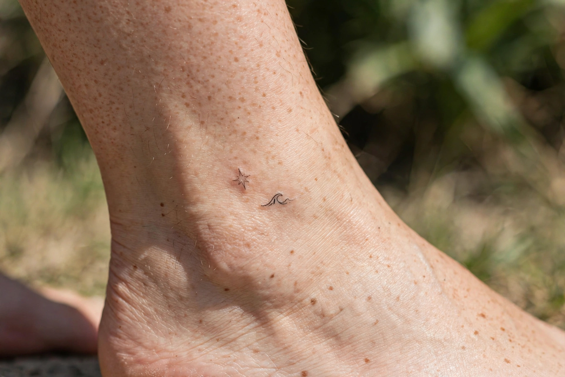 Tiny ankle tattoo placement ideas showing a minimalist star and wave design