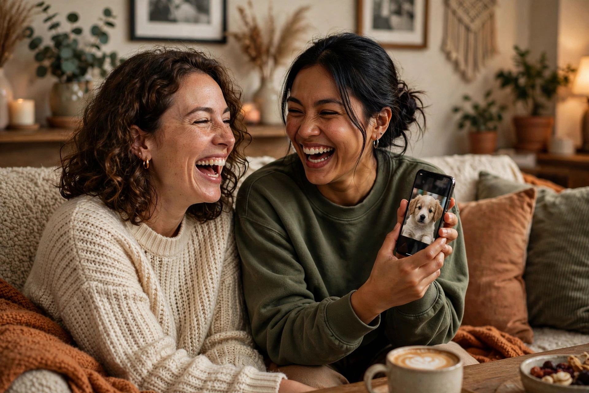 Two best friends laughing on a couch while sharing a friendship meme on a phone