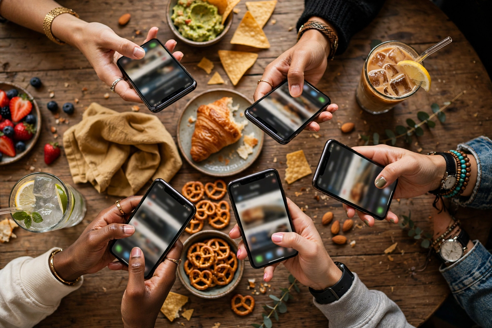 Group of friends holding phones around a table with snacks, sharing memes like a group chat