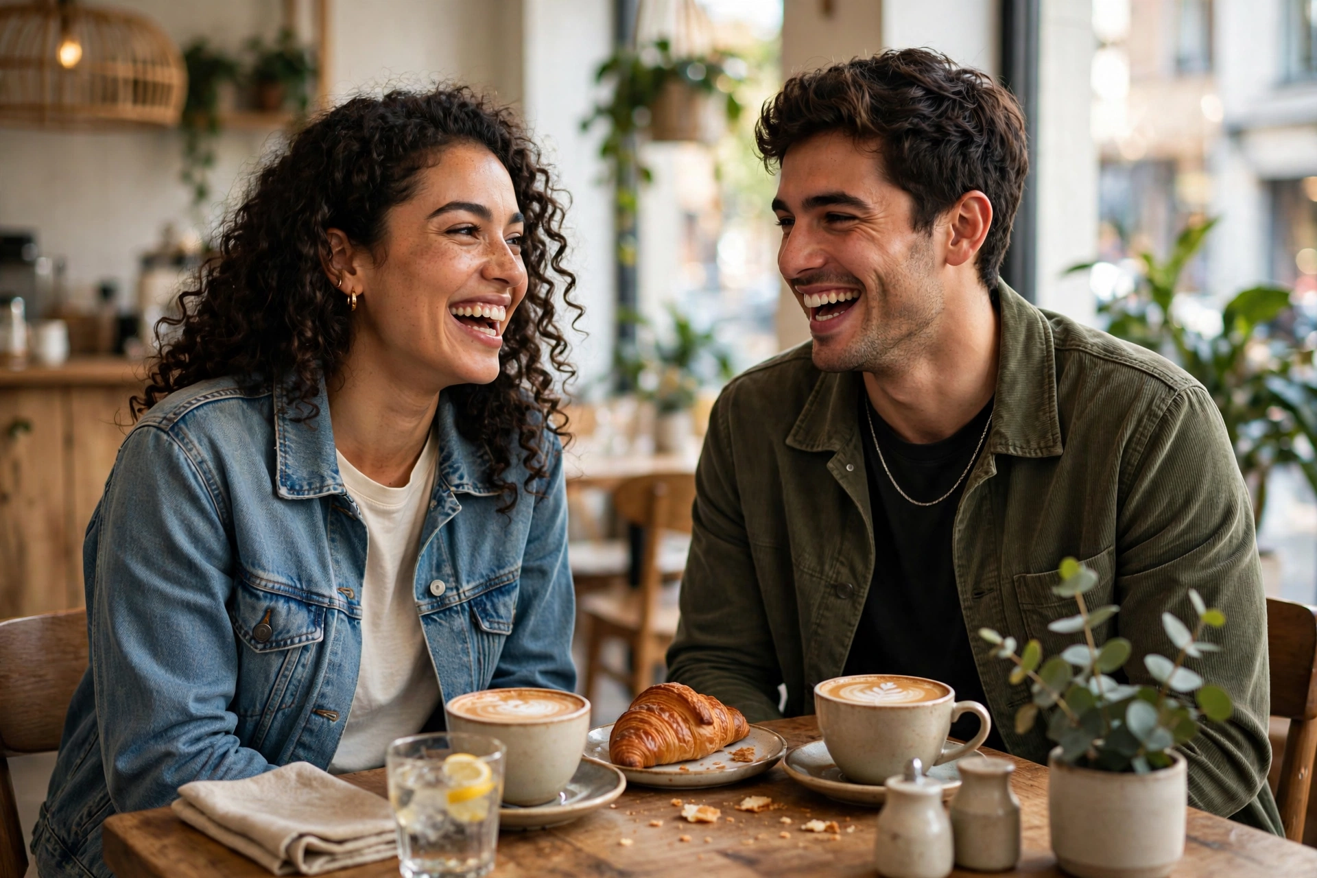 Two best friends laughing over a joke at a bright cafe table
