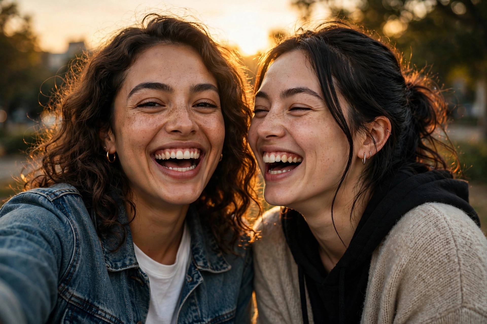 Two friends taking a joyful selfie together at golden hour