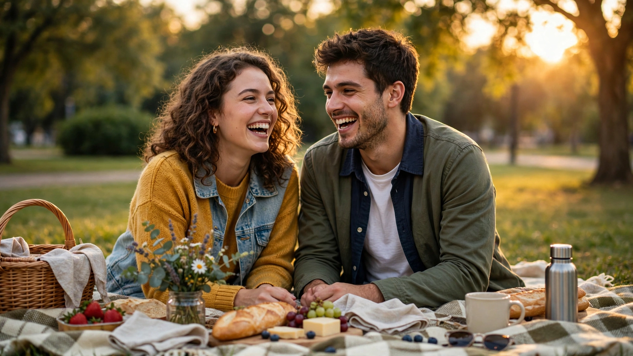A happy young couple laughing together on a cozy picnic date at golden hour in a park, picnic basket and snacks on a checkered blanket, warm sunset light, candid editorial photograph
