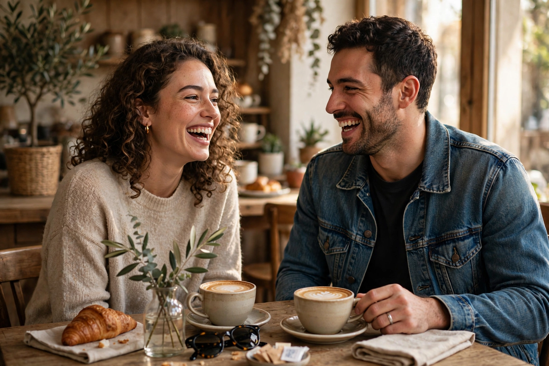 A couple sharing coffee and laughing at a charming cafe table in warm natural window light