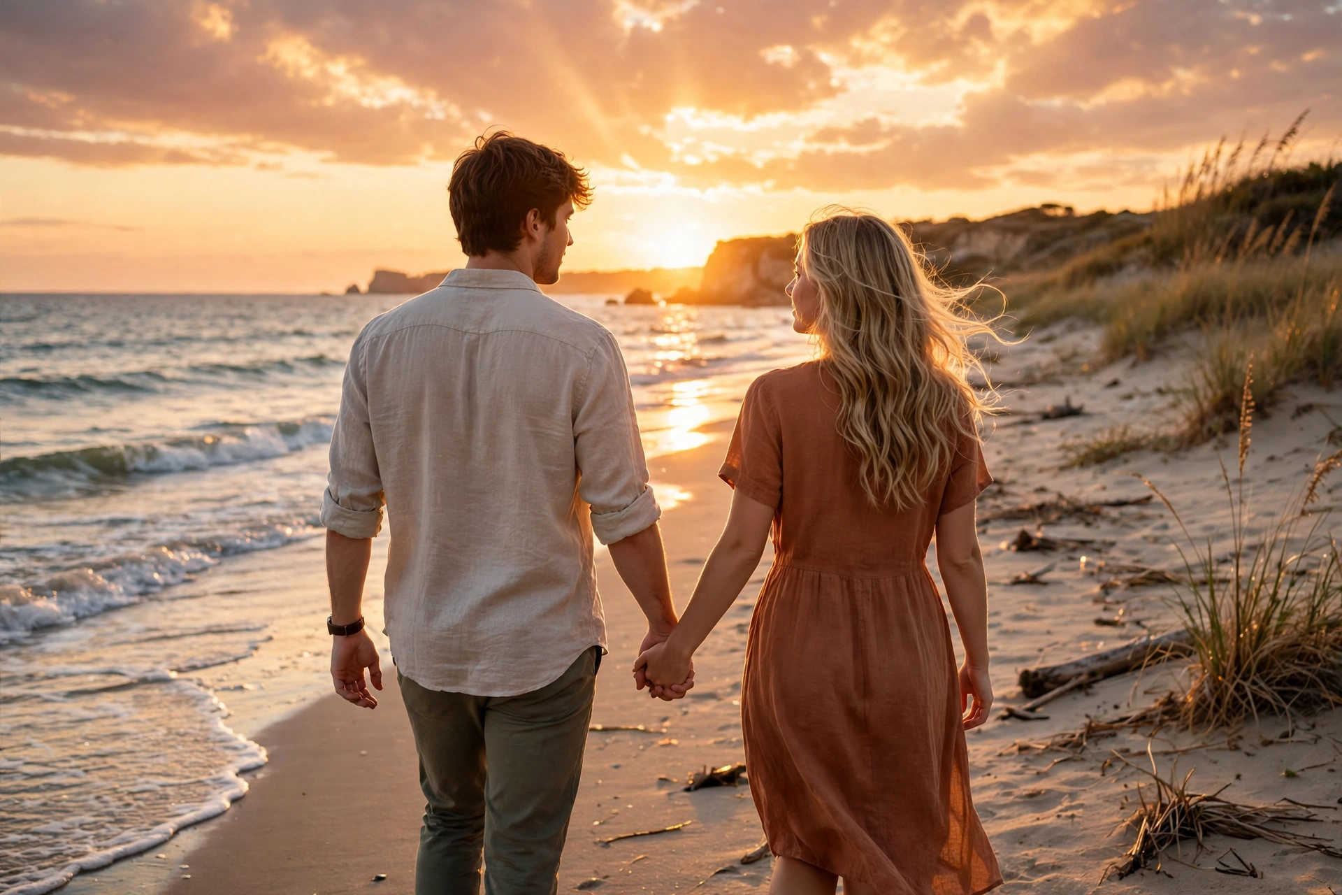 A young couple walking hand in hand on a beach at sunset with warm romantic tones