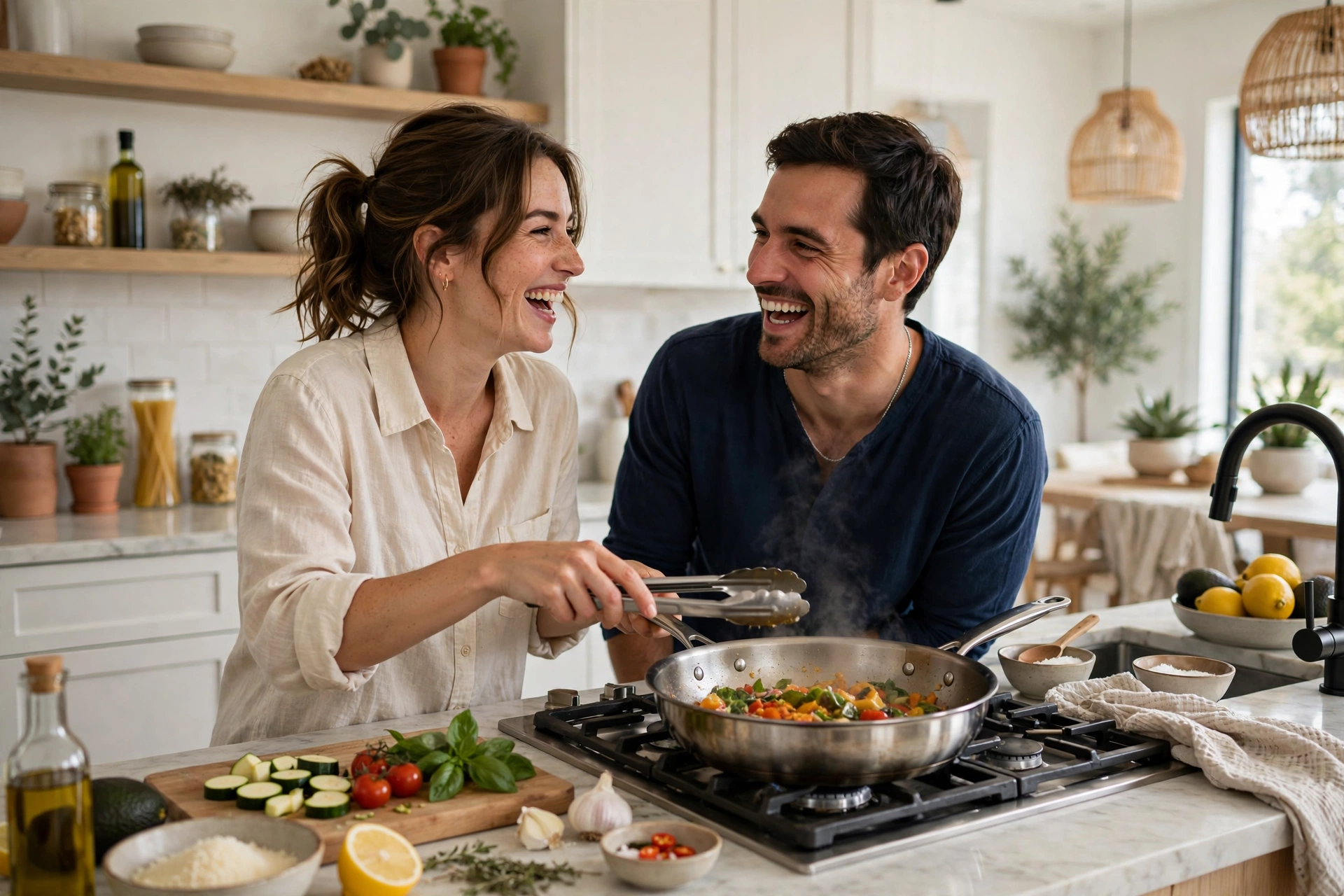 A couple cooking together and laughing in a bright modern kitchen, playful candid moment