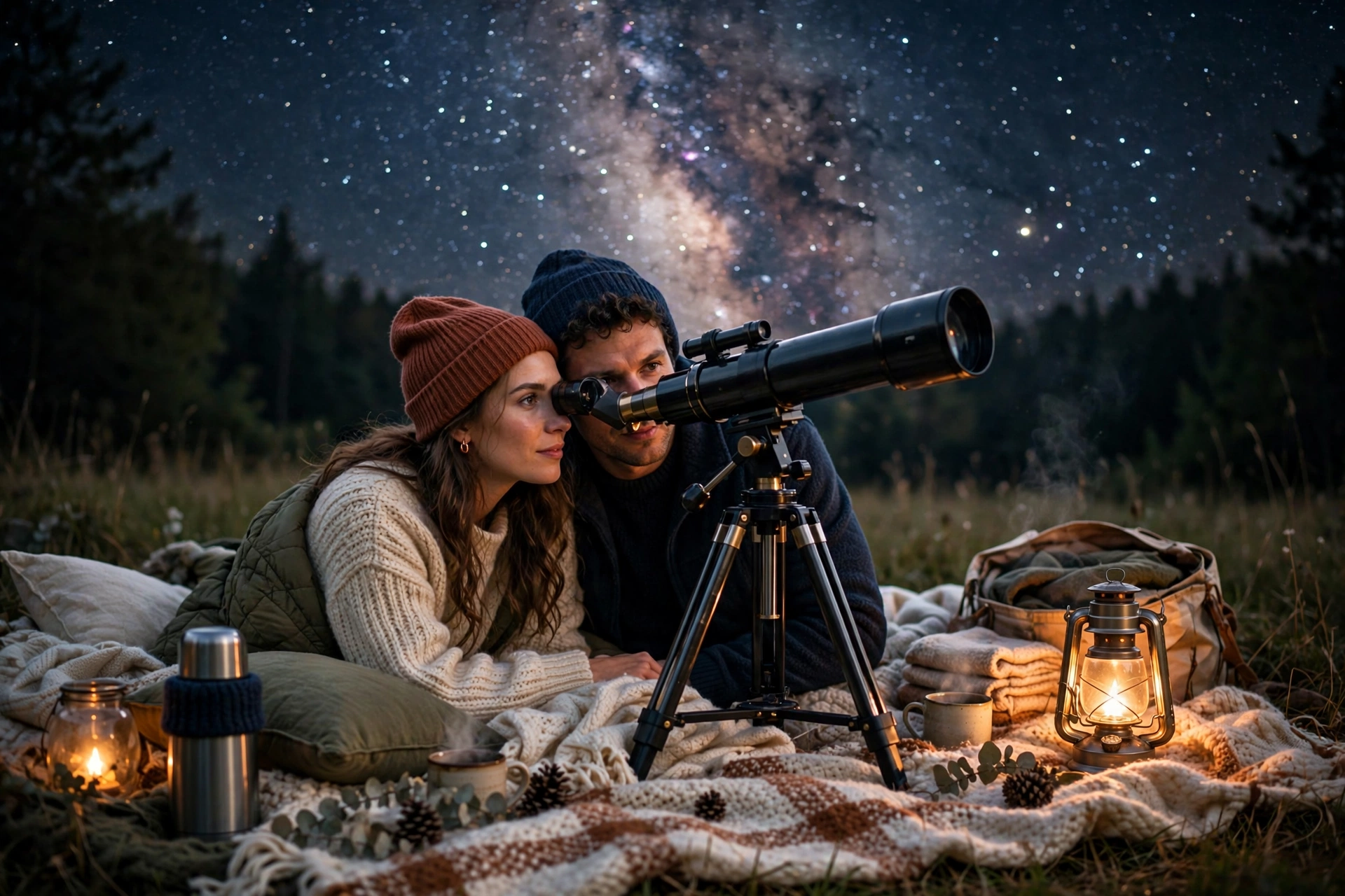 Couple stargazing with a telescope on a cozy blanket at night
