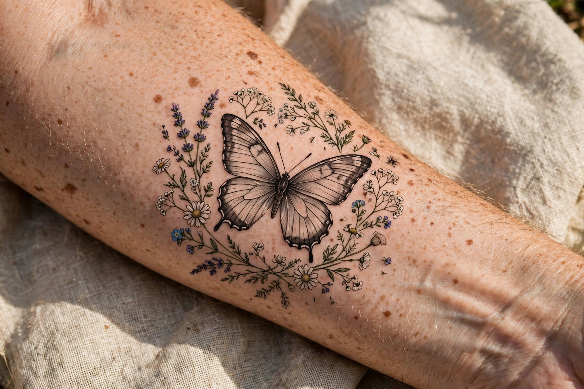 Butterfly and wildflowers tattoo - butterfly tattoo meaning idea