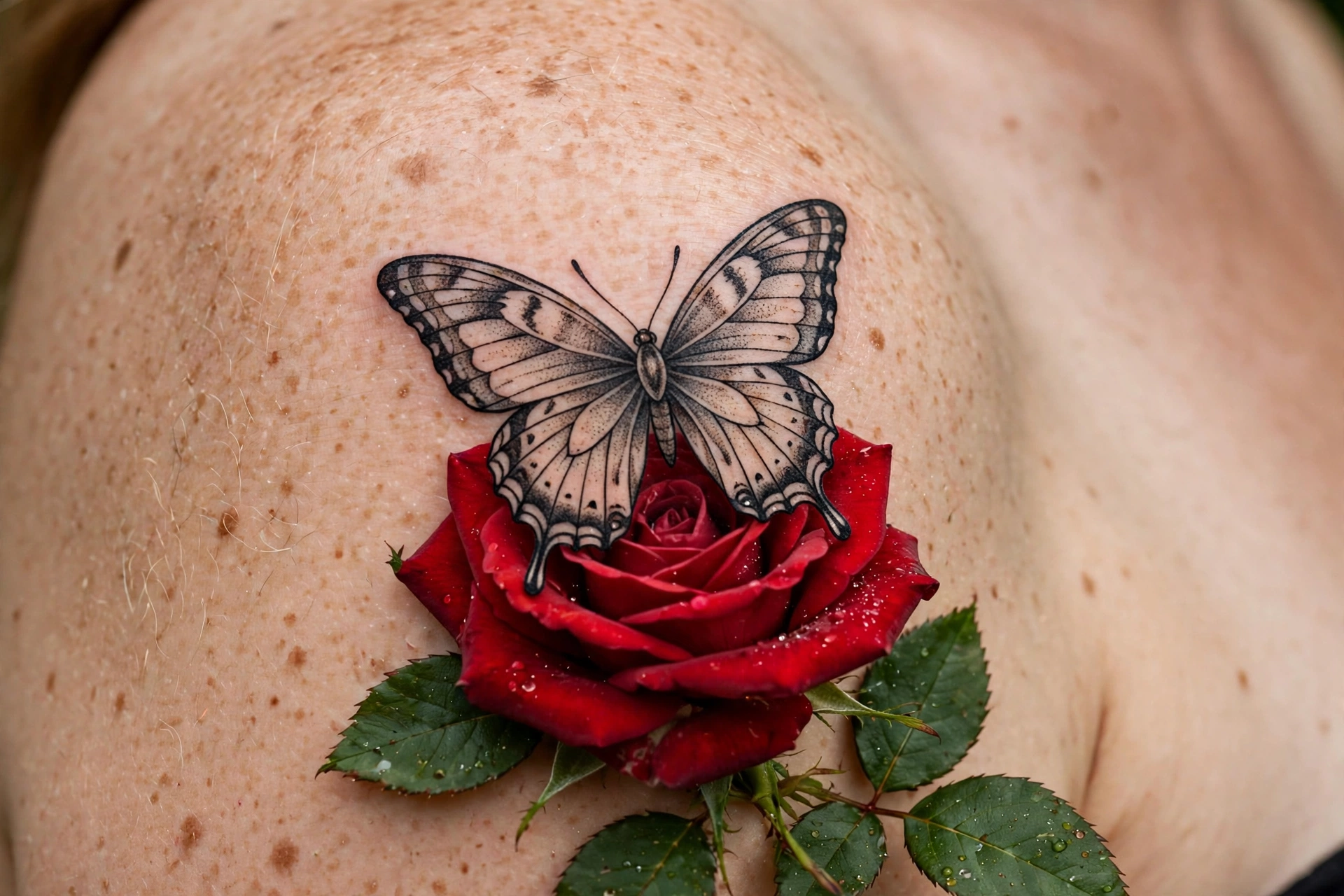 Butterfly and rose tattoo - butterfly tattoo meaning idea