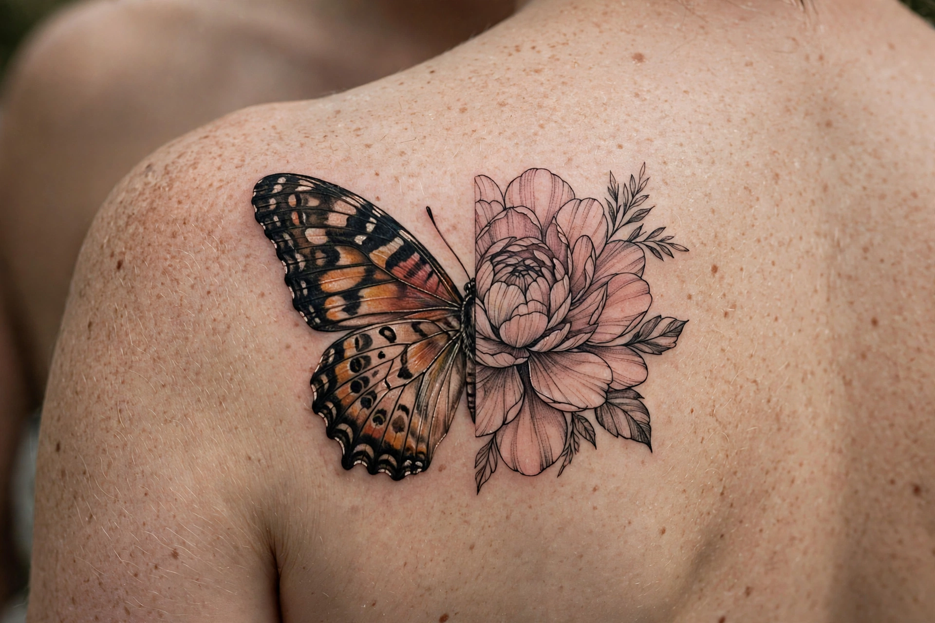 Half butterfly half flower tattoo - butterfly tattoo meaning idea