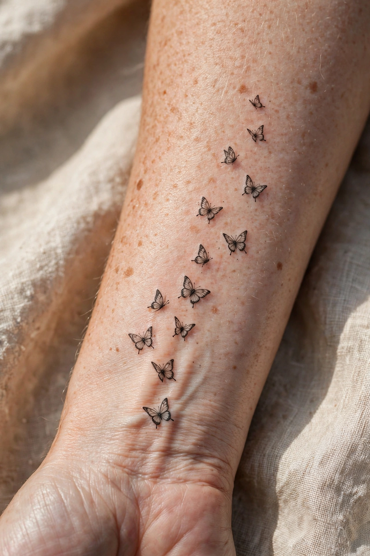 Butterfly trail tattoo up wrist and forearm - butterfly tattoo meaning idea