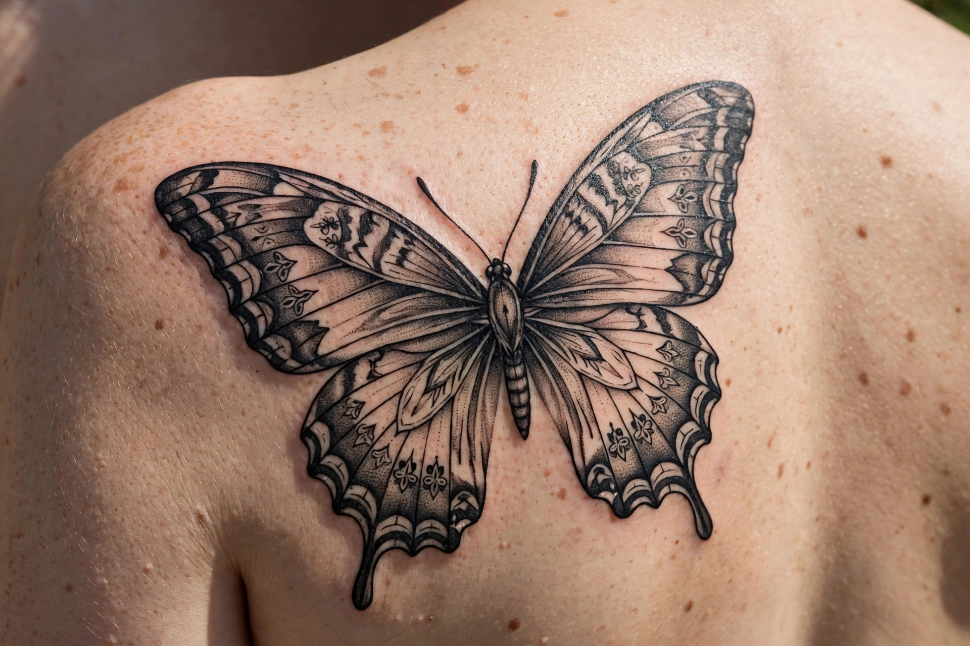 Large butterfly tattoo across shoulder blade - butterfly tattoo meaning idea