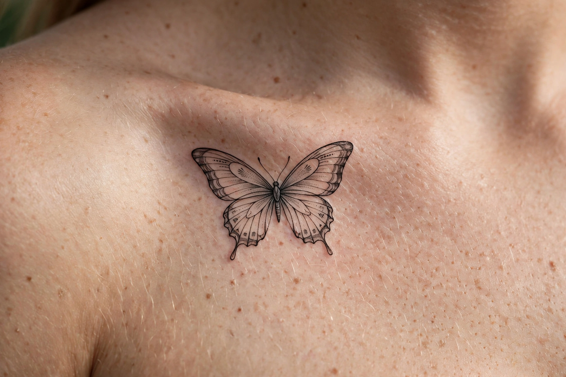 Butterfly tattoo along collarbone - butterfly tattoo meaning idea