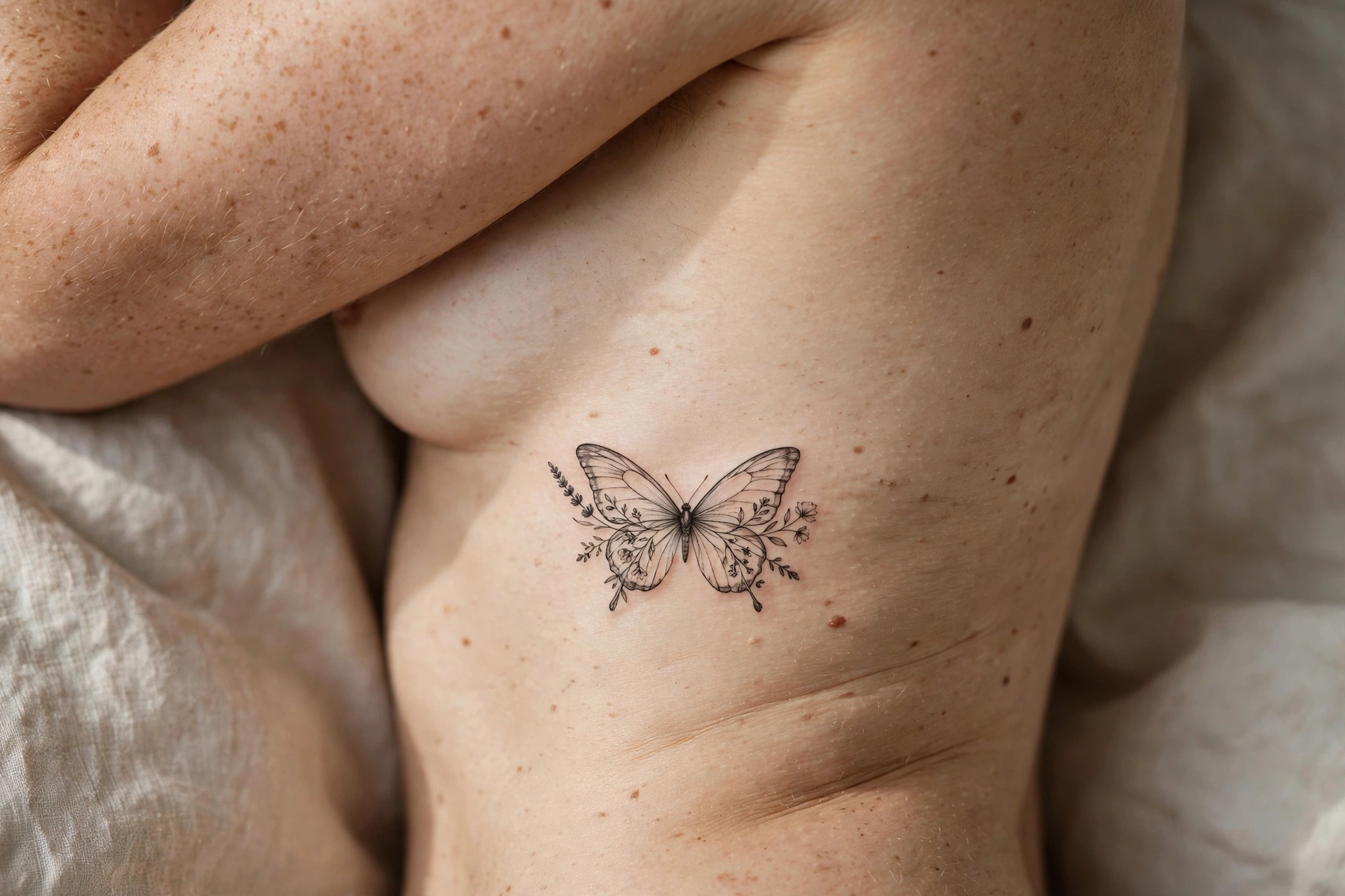 Vertical butterfly tattoo on ribcage - butterfly tattoo meaning idea