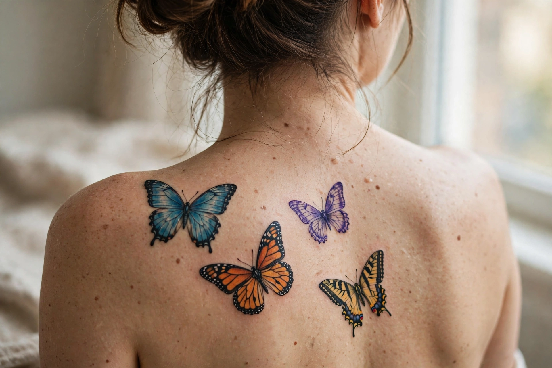 Woman's shoulder and upper back with colorful realistic butterfly tattoos