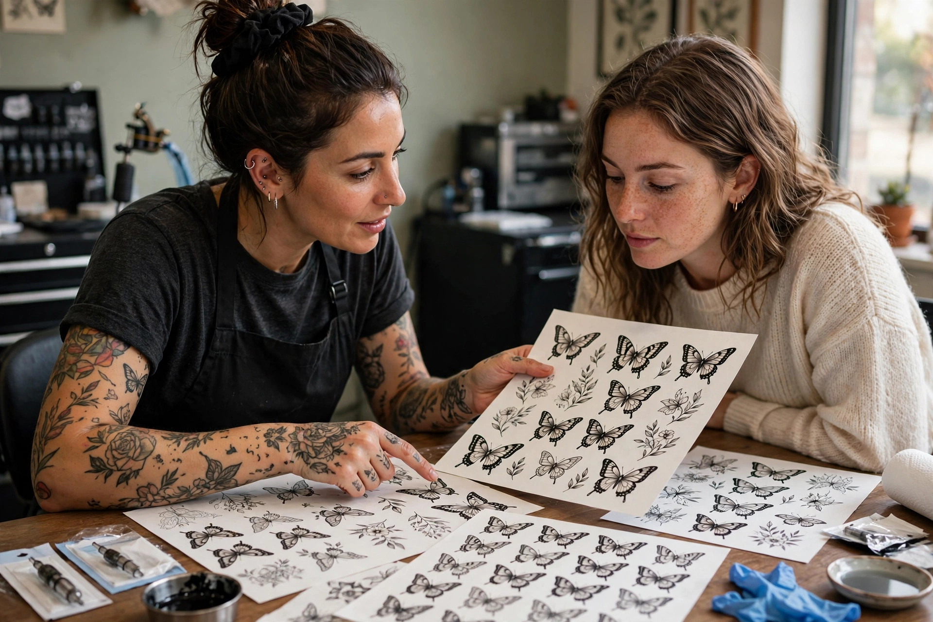 Tattoo artist consulting a client over butterfly tattoo flash designs